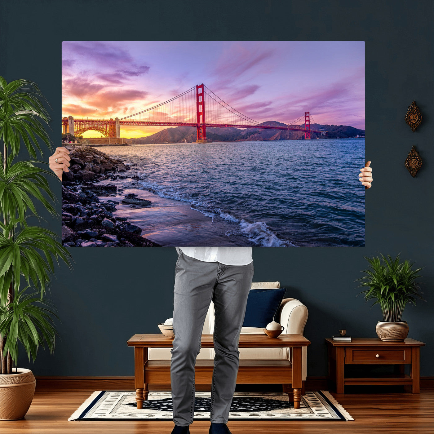 24256-MGV-CV-36X24 - Golden Gate Bridge Wall Art Print, San Francisco Sunset Canvas Wall Art, Cityscape Canvas Print for