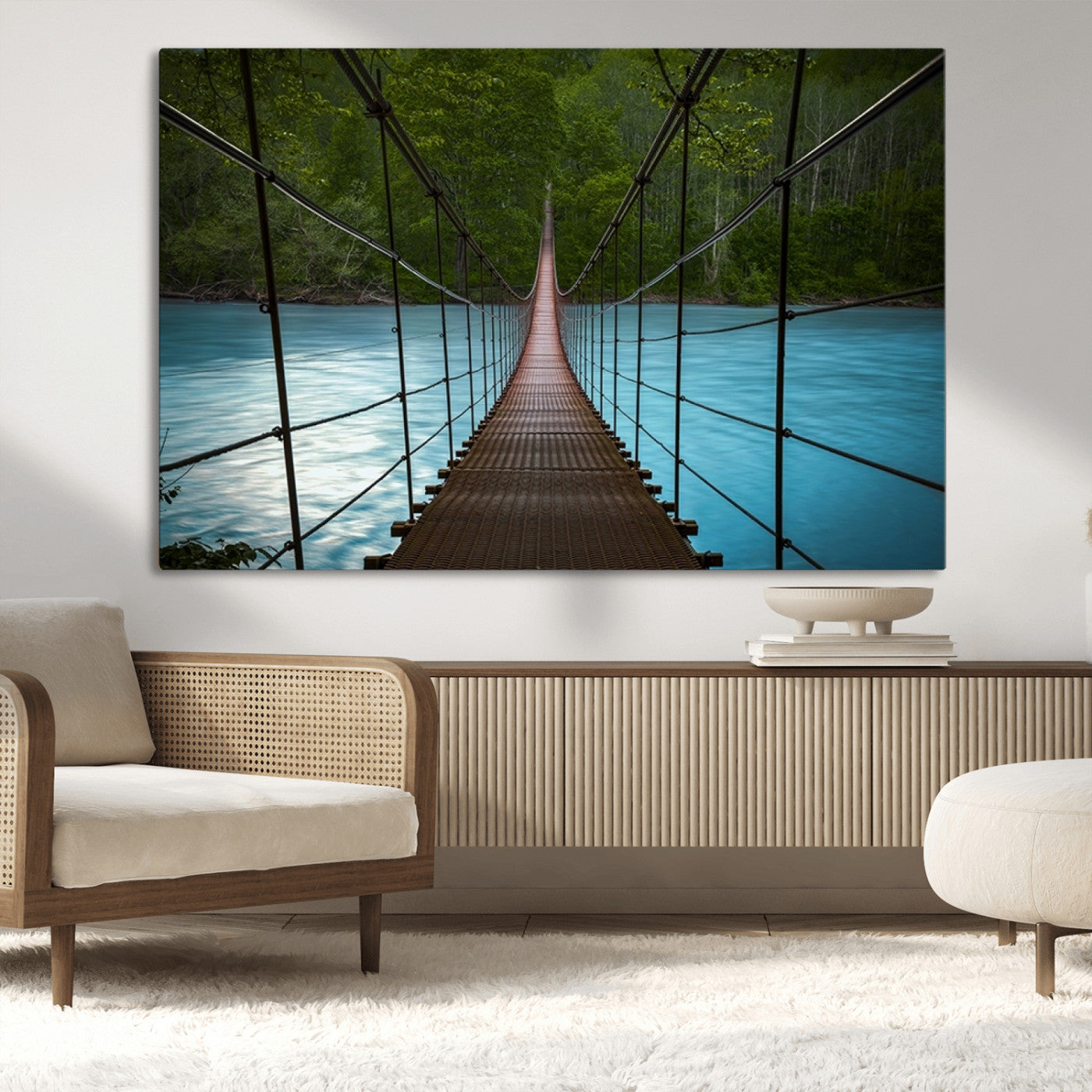 -Suspension Bridge Over River Canvas Art | 3-Panel Nature Photography | Scenic Wall Art for Living