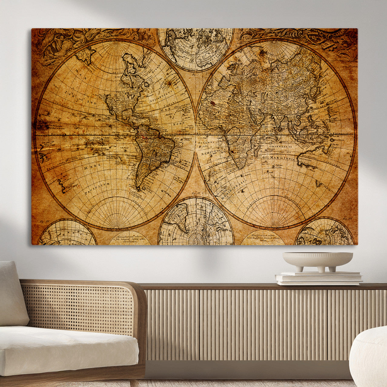 25517-MGV-CV-36X24 - Vintage World Map Canvas Print – Antique Push Pin Travel Map, Framed Wall Art for Home or Office Decor