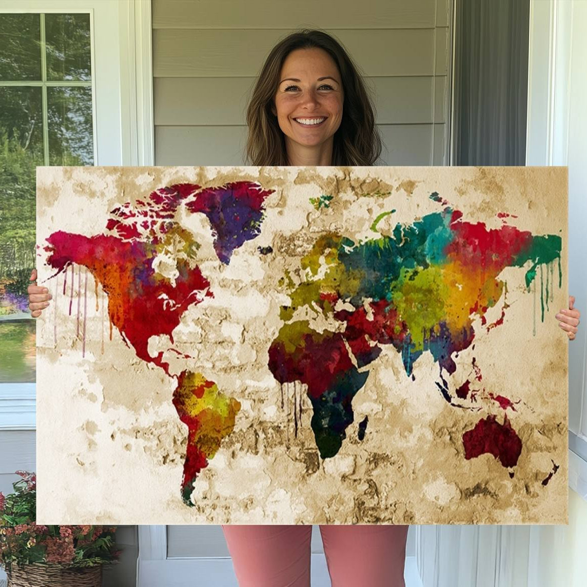 61906-MGV-CV-36X24-World Map Canvas Print – Framed Push Pin Wall Art, Color Splash Travel Map for Modern Home and Office Decor