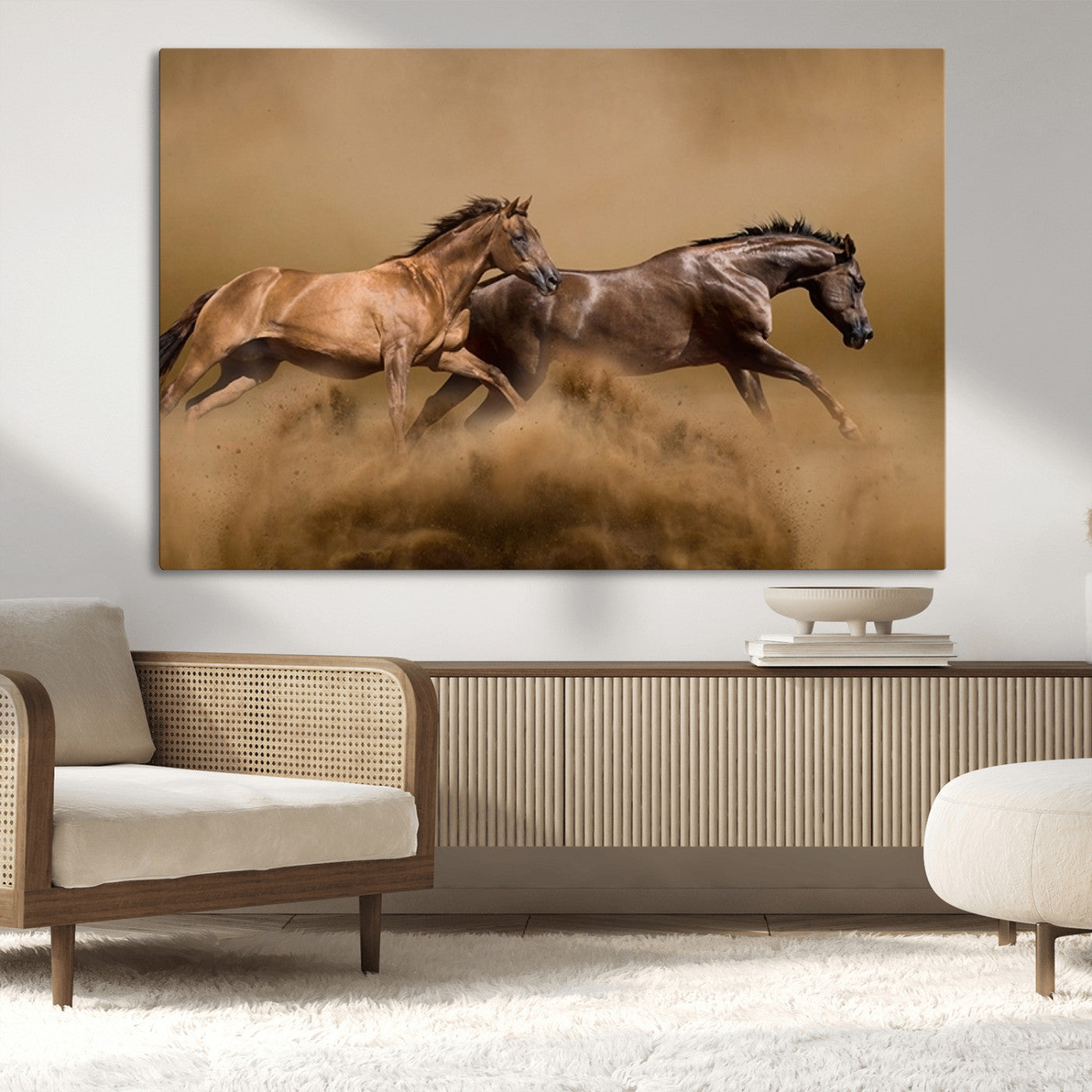 53721-MGV-CV-36X24-Large Wall Art Canvas Print – Two Running Brown Horses Motion Animal Artwork for Home, Office, Living Room Decor