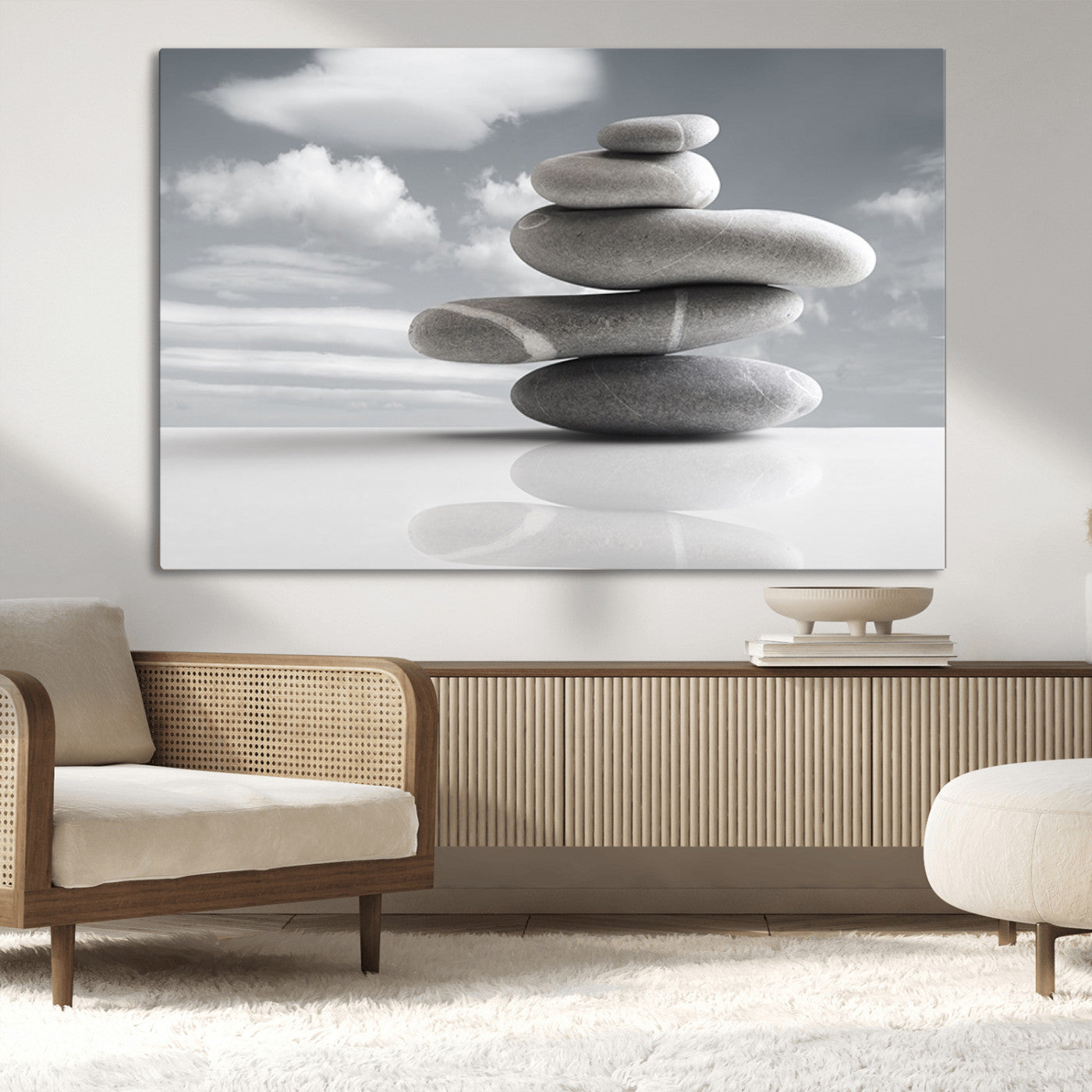 -Still Life Black and White Zen Stones Wall Art Canvas, Framed Black and White Zen Stones Canvas