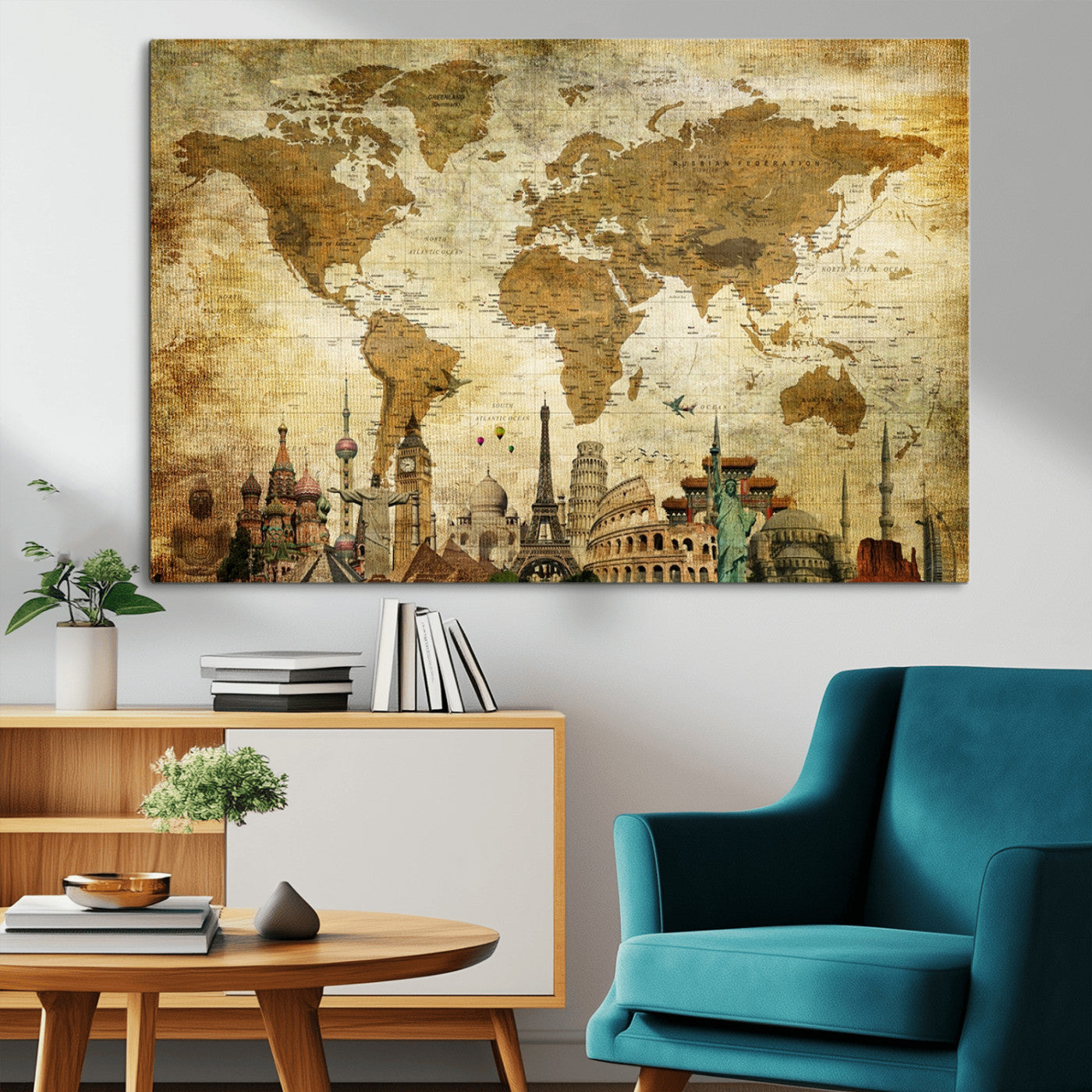 -Vintage World Map Canvas Wall Art – Framed Push Pin Travel Map with Famous Landmarks, Rustic Home and Office Decor Artwork for Travelers