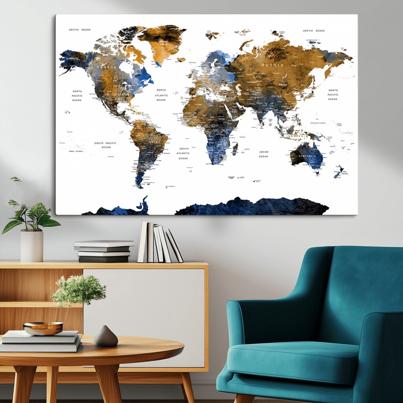 56231-MGV-CV-36X24-Navy and Gold World Map Canvas Wall Art – Framed Modern World Map Print, Elegant Travel Inspired Artwork for Home and Office Decor