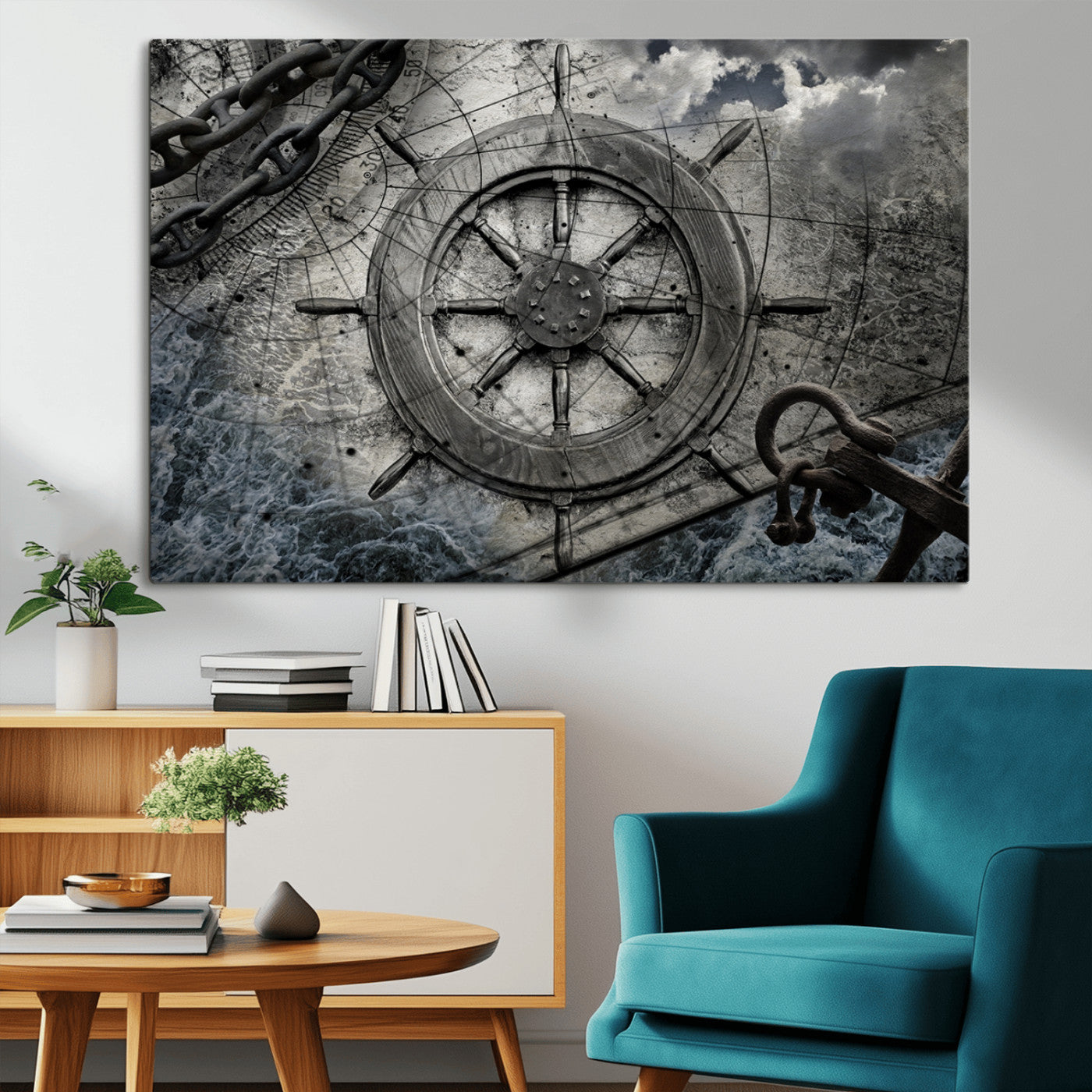 -Ship Steering Wheel Vintage Wall Art Canvas Print