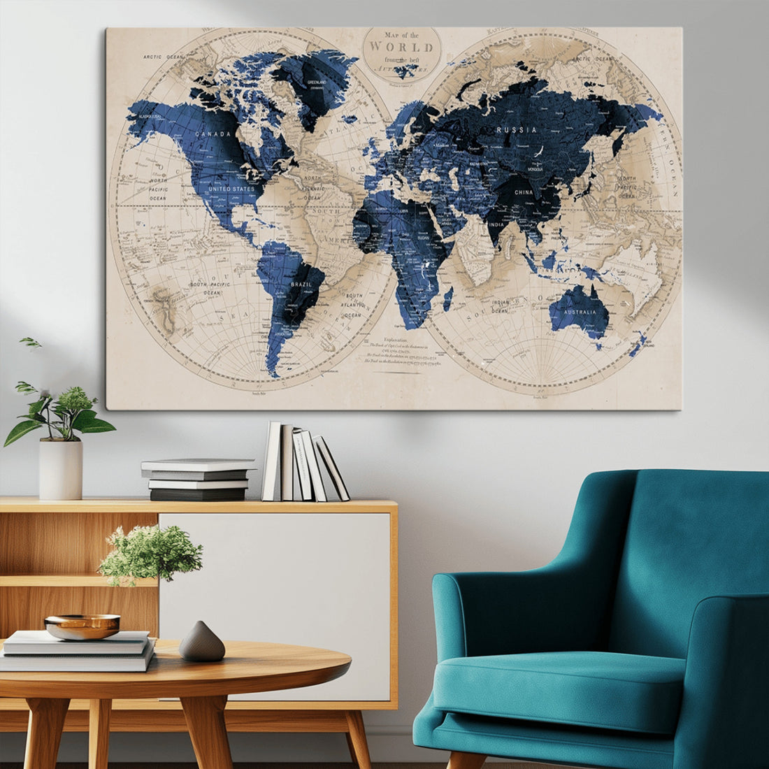 Vintage Blue World Map Canvas Wall Art | Antique Style Framed Map Print