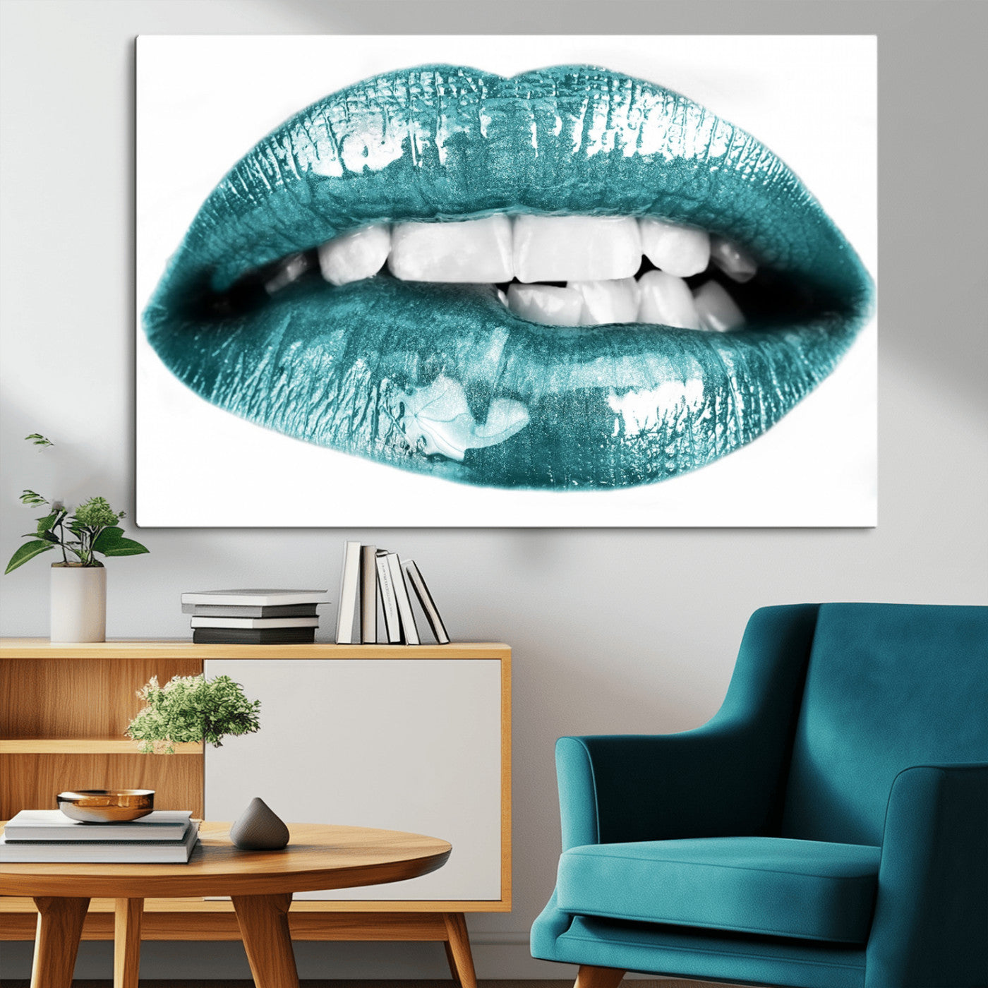 -Blue Lips Wall Art Canvas Print