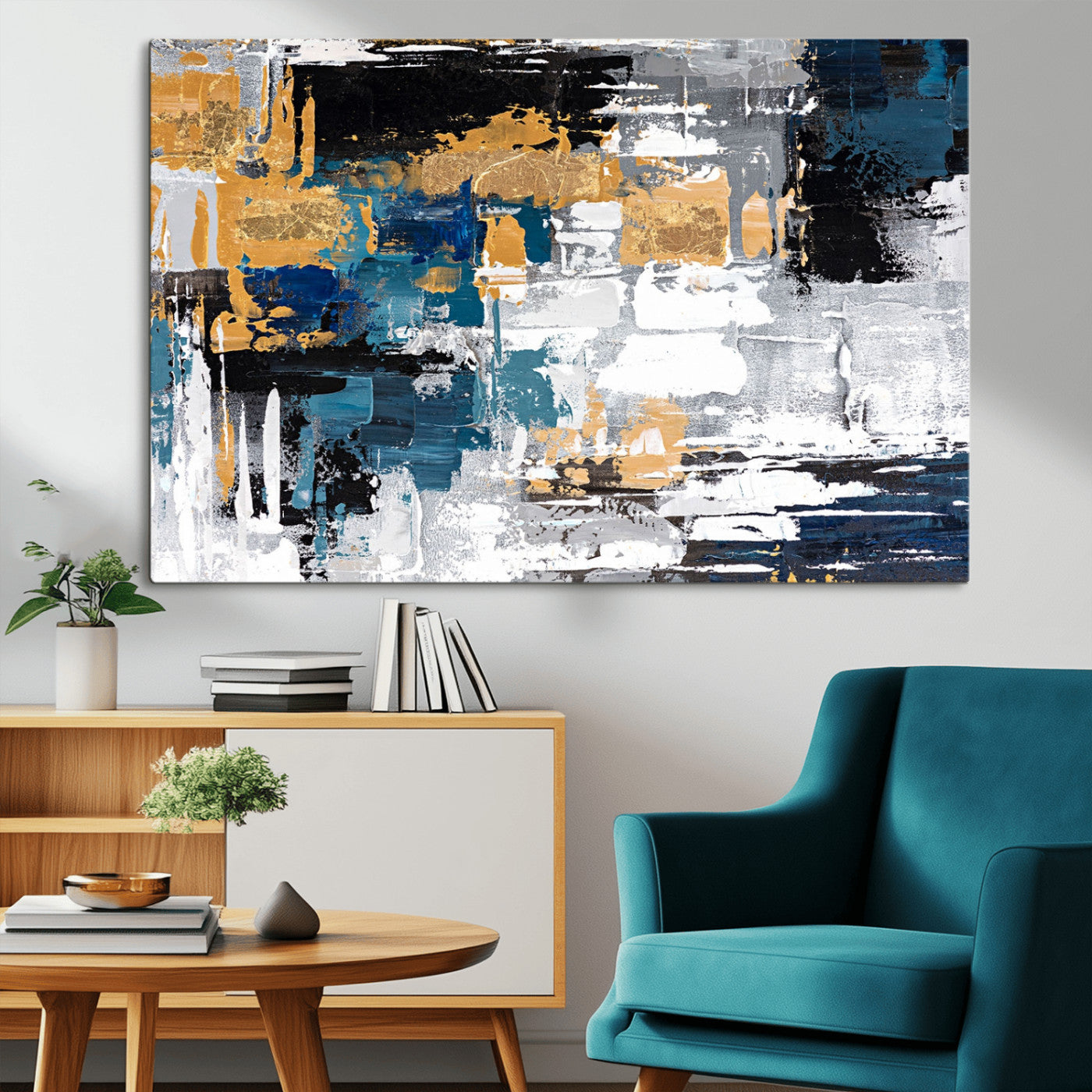 57708-MGV-CV-36X24-Blue and Gold Abstract Canvas Wall Art – Triptych Modern Painting for Living Room – Framed and Ready