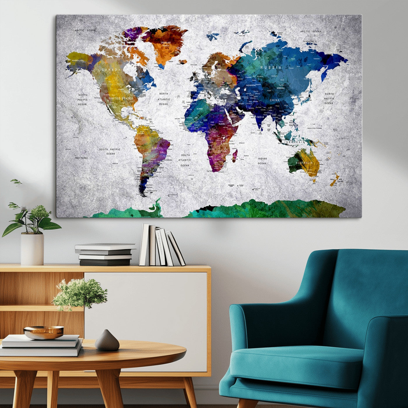 26840-MGV-CV-36X24-Push Pin World Map Canvas Print – Framed Travel Tracker Wall Art for Couples, Anniversary Gift and Modern Home Decor
