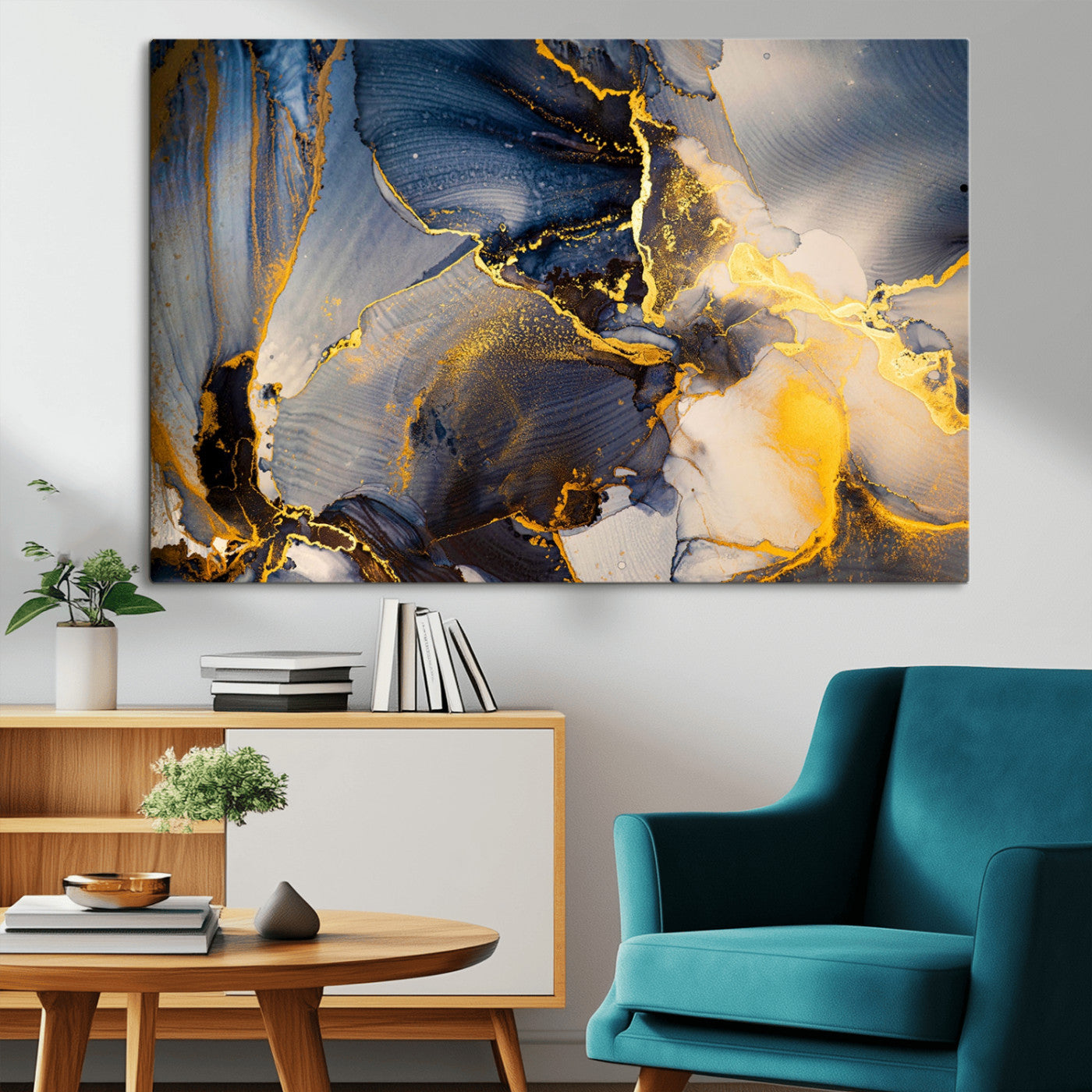 42100-MGV-CV-36X24-Large Abstract Wall Art Print - Gold and Blue Abstract Canvas Wall Art | Fluid Ink Modern Luxury