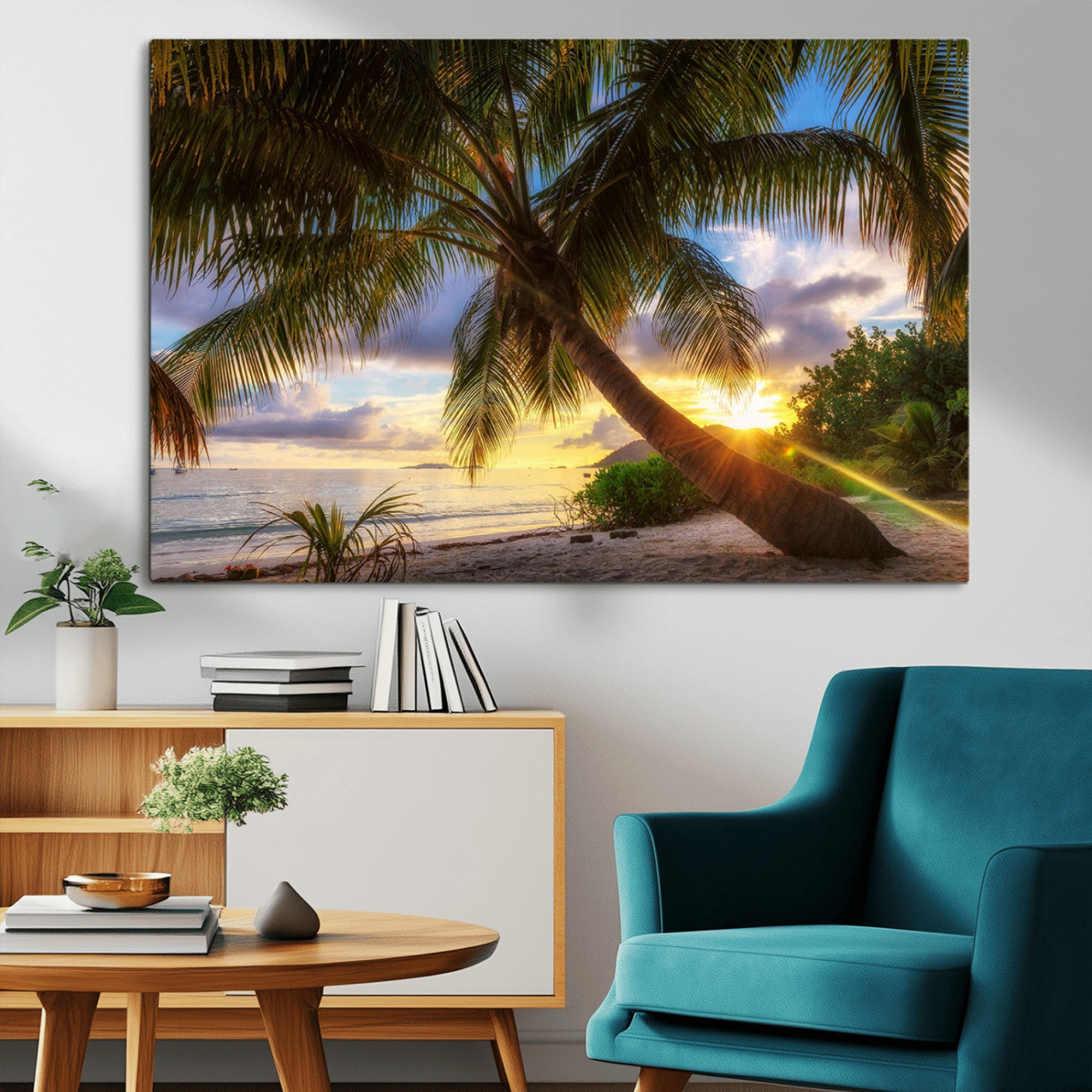 -Tropical Island Sunset on the Beach Palms Wall Art Canvas Print