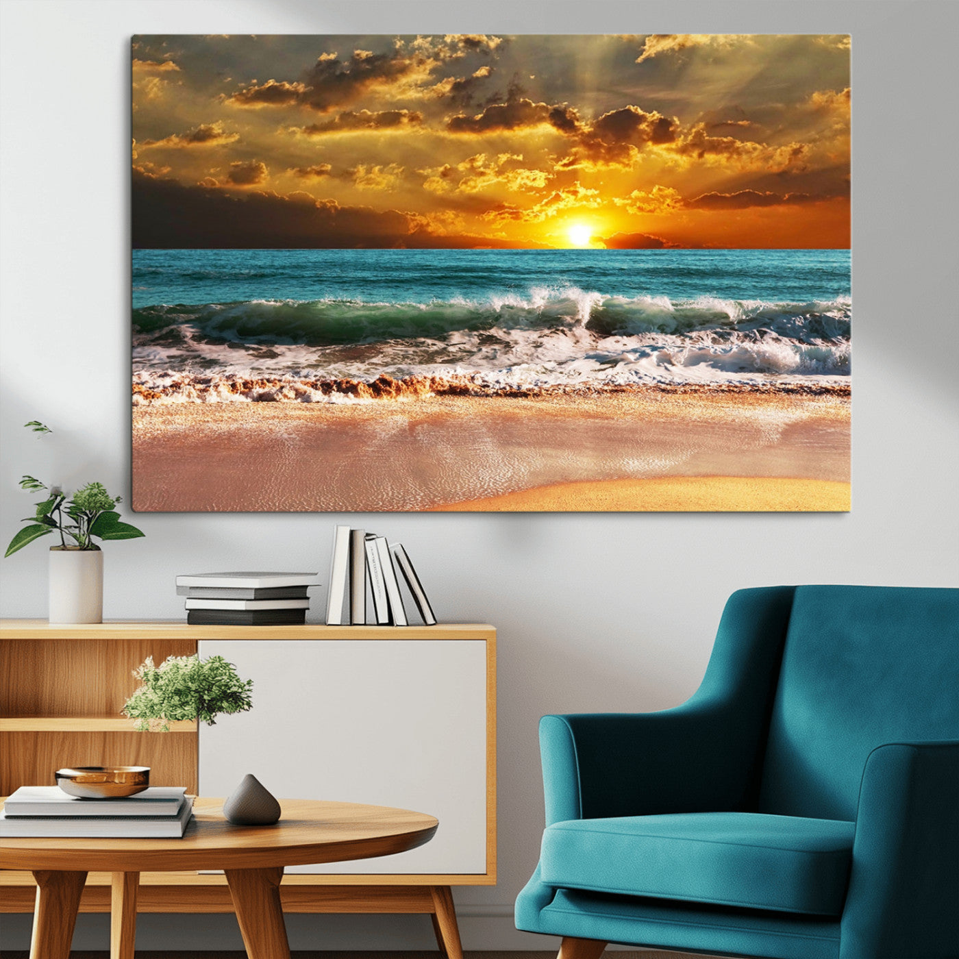 16495-MGV-CV-36X24-Golden Sunset Beach Canvas Wall Art – Triptych Seascape Print – Framed and Ready to Hang for Living