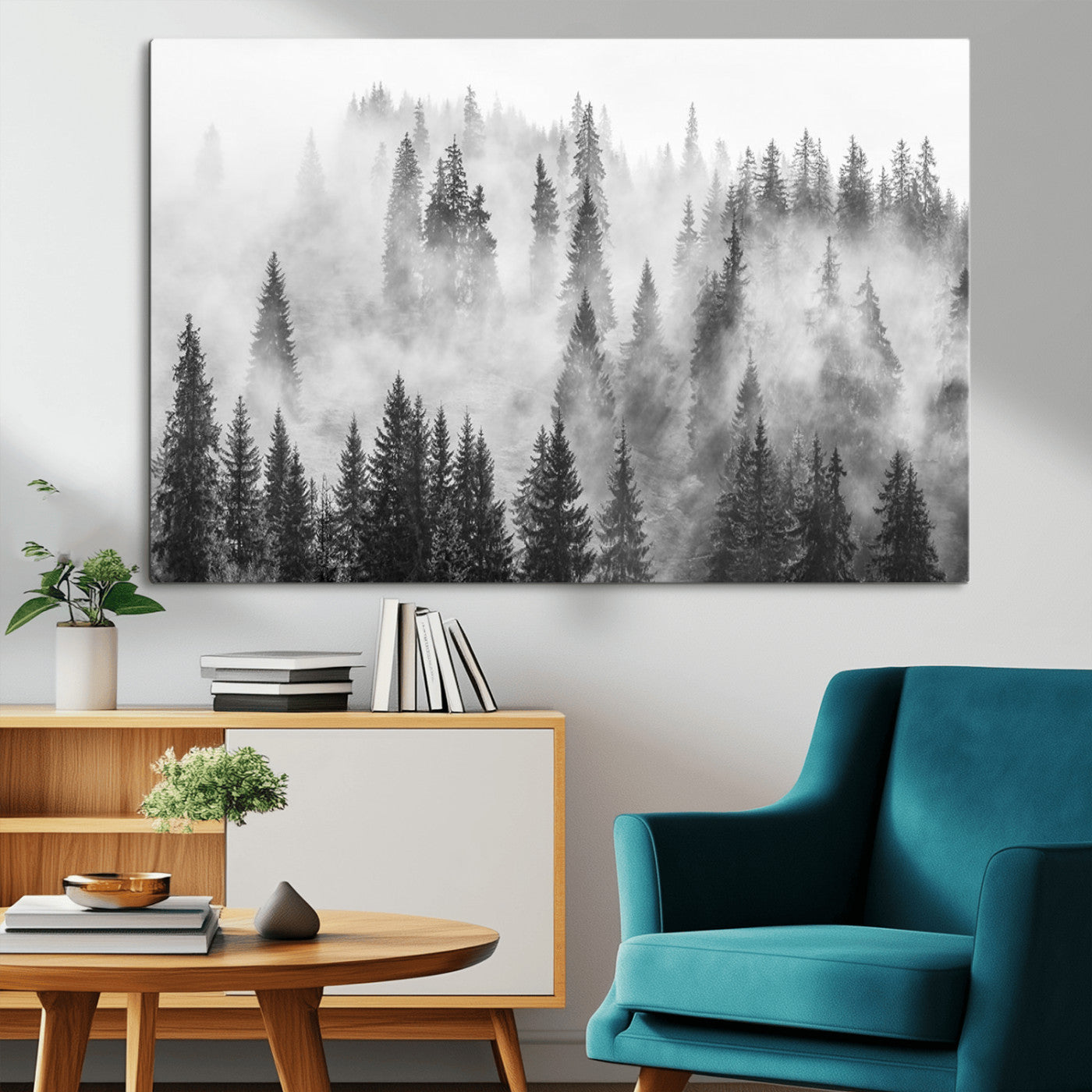 -Forest Wall Art Print | Foggy Pine Forest Canvas Wall Art - Black and White Nature Decor for Living Room, Office