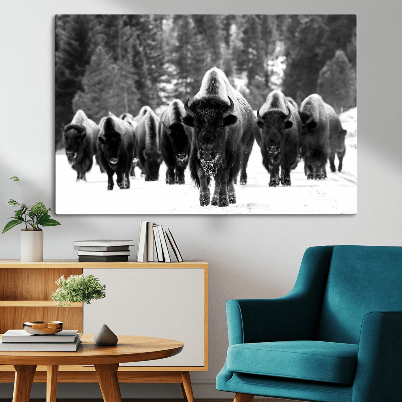 62434-MGV-CV-36X24-Bison Herd in Snow Wall Art Canvas Print | Rustic Western Bison Wall Art for Decor for Living Room,