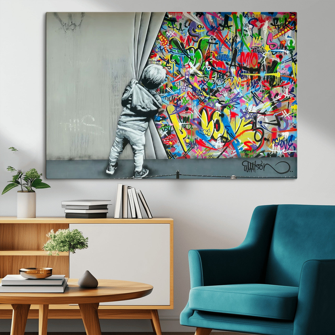 51713-MGV-CV-36X24-Banksy Colorful Street Graffiti Canvas Wall Art Print, Modern Art Triptych, Child and Graffiti Wall,