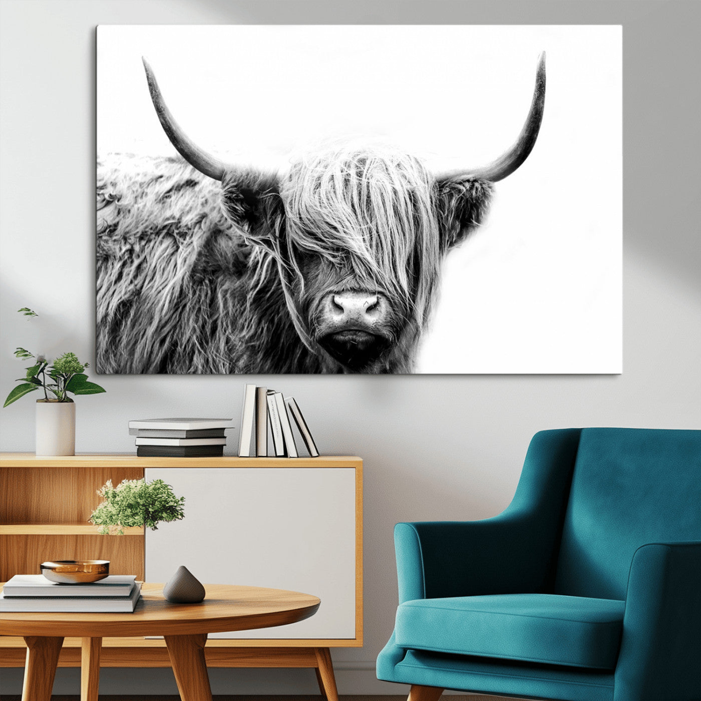 51957-MGV-CV-36X24-Black White Scottish Highland Cow Cattle Art Print Farmhouse Wall Art Canvas Print