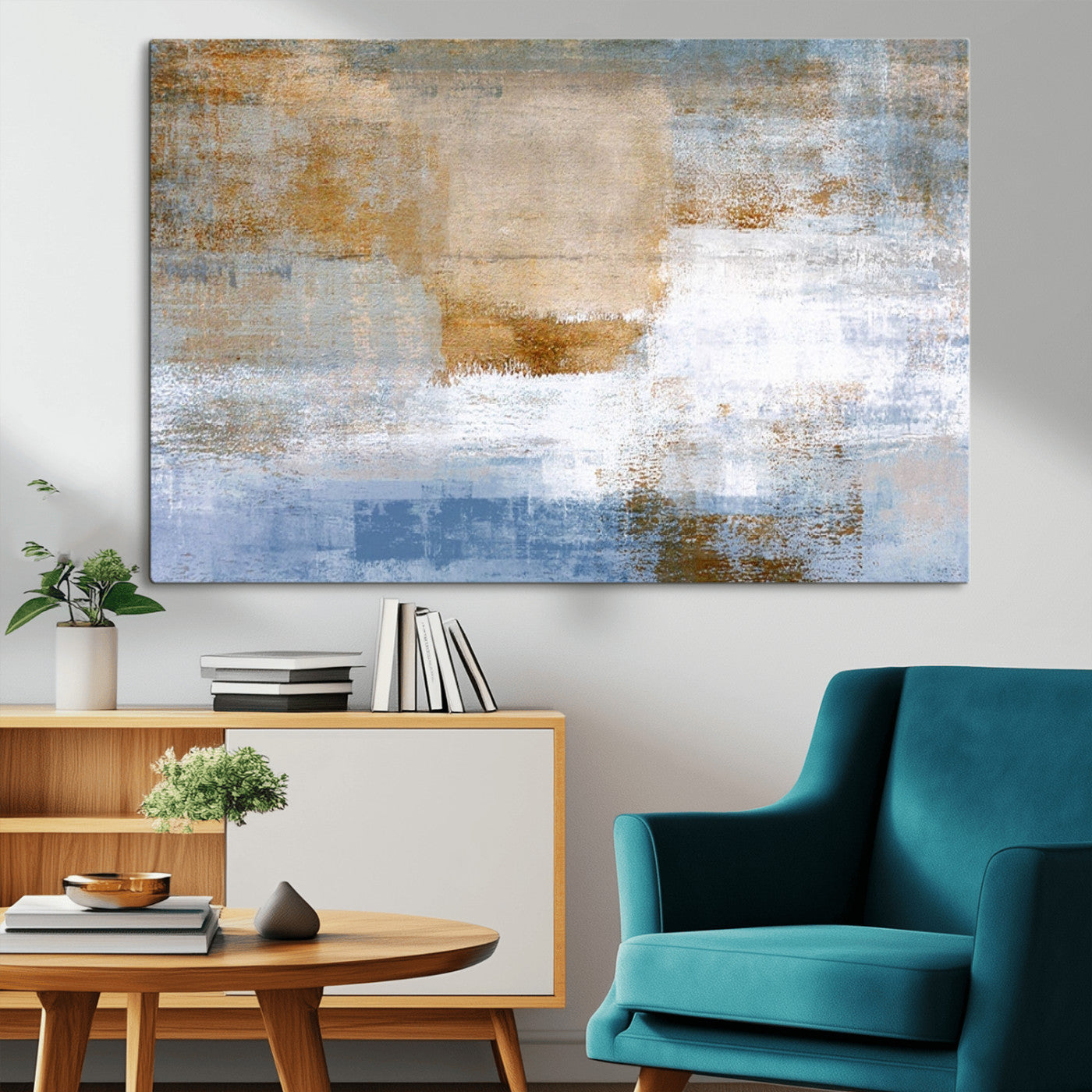 72354-MGV-CV-36X24-Blue Multi Panel Abstract Wall Art Canvas, Abstract Blue and Gold Canvas Print