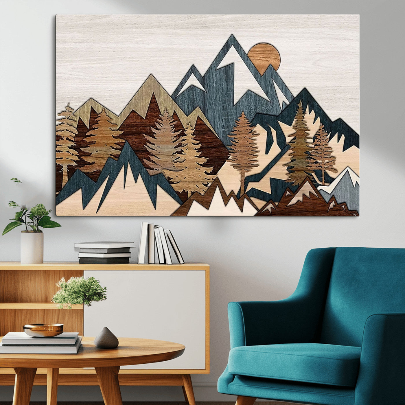 67950-MGV-CV-36X24-Rustic Abstract Wood Panel Effect Canvas Mountain Range Top Wood Wall Art Canvas Print