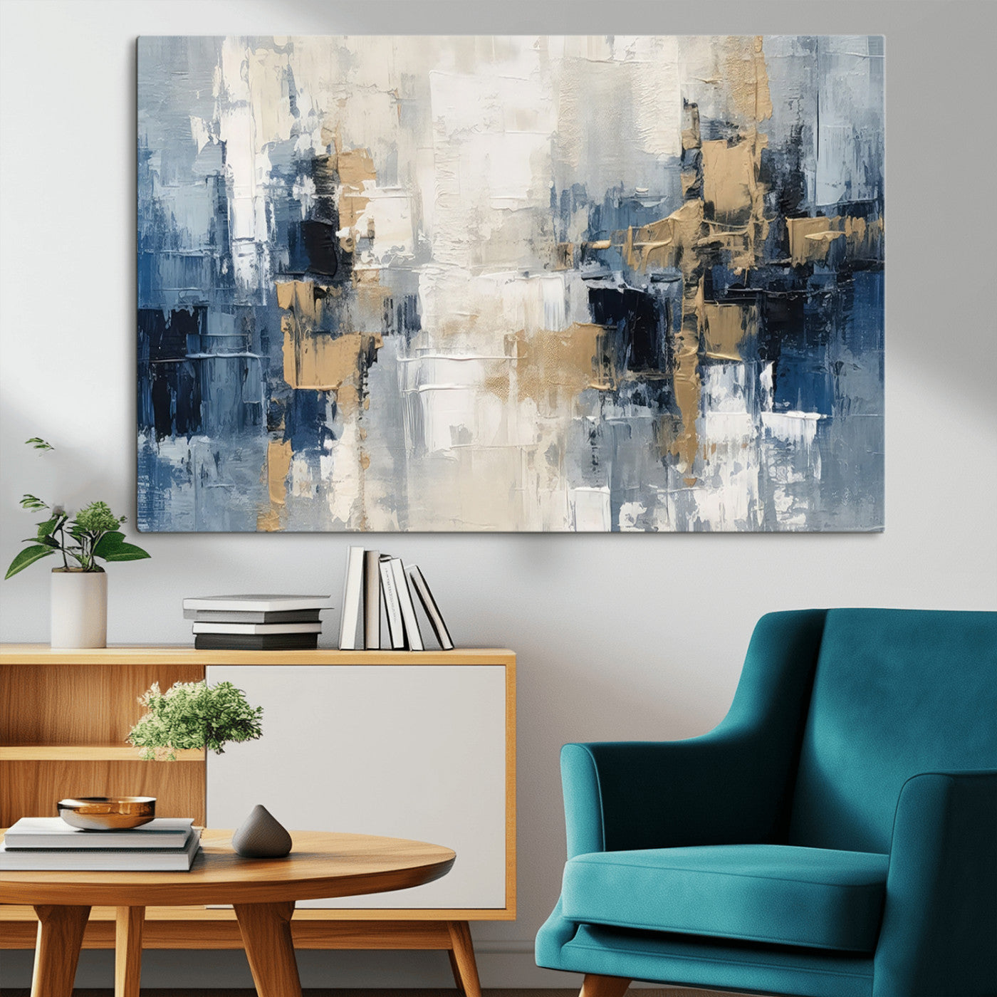 44344-MGV-CV-36X24-Modern Abstract Canvas Wall Art in Blue and Gold Tones | Large Contemporary Art for Living Room,