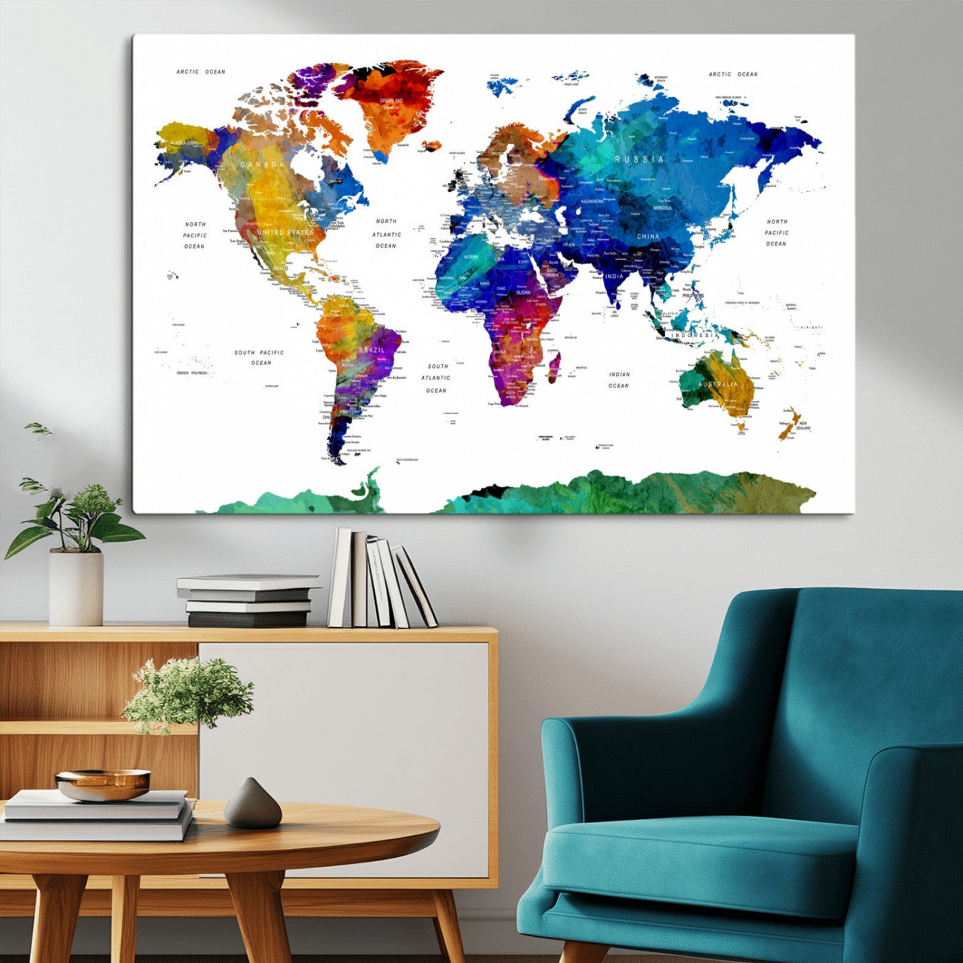 48979-MGV-CV-36X24-Colorful Watercolor World Map Canvas Print – Vibrant Framed Travel Map Wall Art, Modern Decor for Living Room or Office