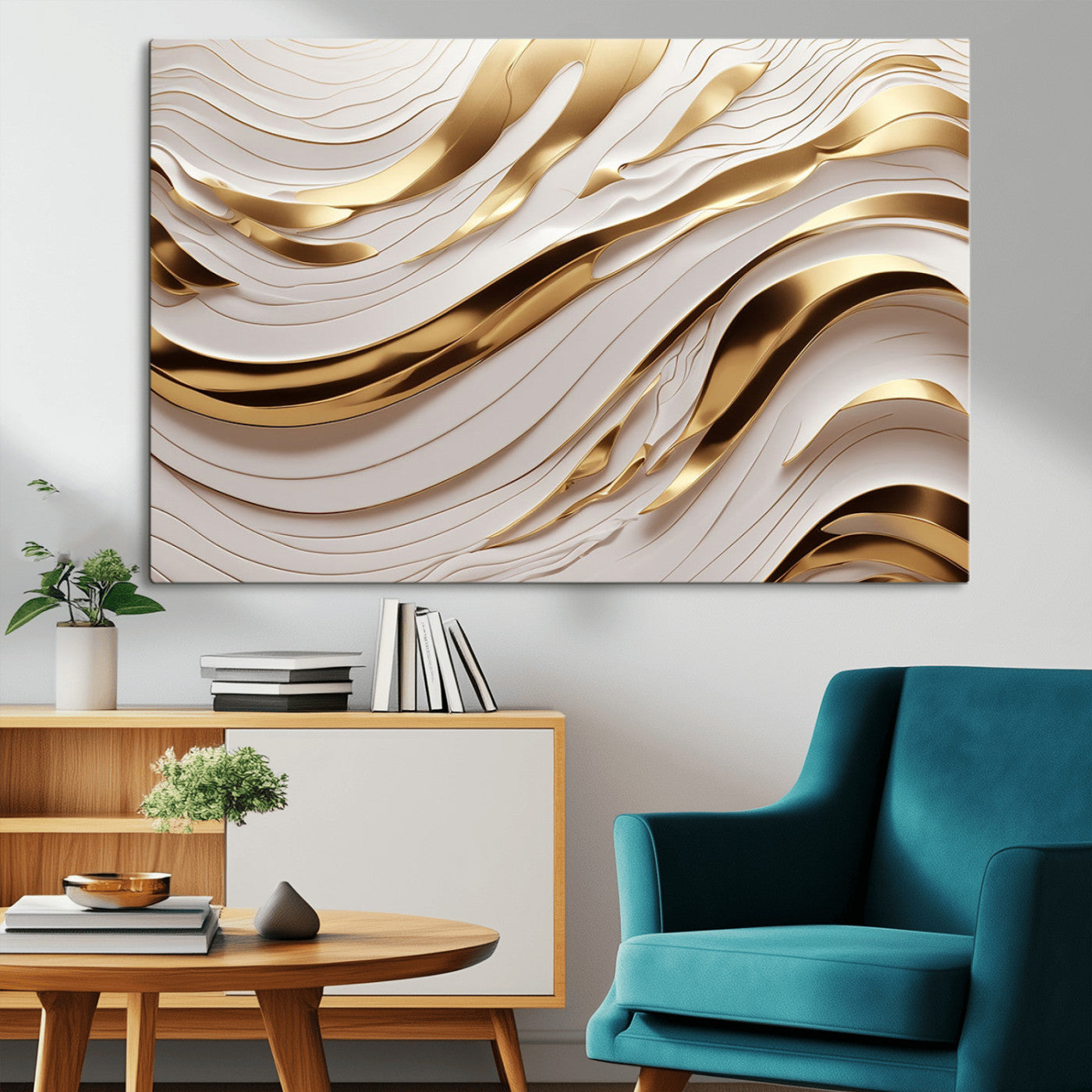81197-MGV-CV-36X24-Gold and White Abstract Wave Canvas – Elegant Flowing Design with Luxurious Golden Accents –