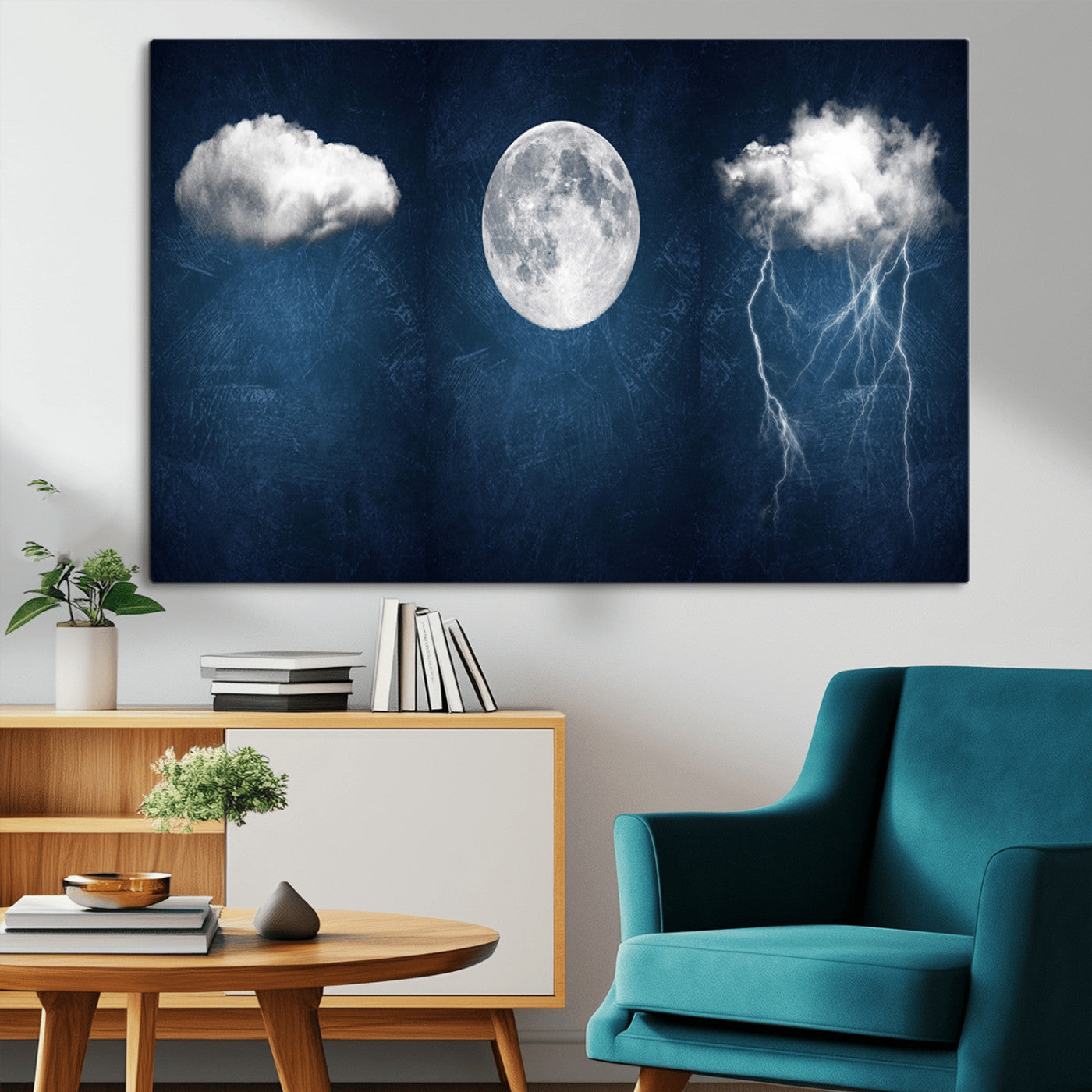 96569-MGV-CV-36X24-Dark Blue Cloud Art, 3 Piece Indigo Blue Wall Art, Aesthetic Surreal Art, Thunderstorm Moon Cloud