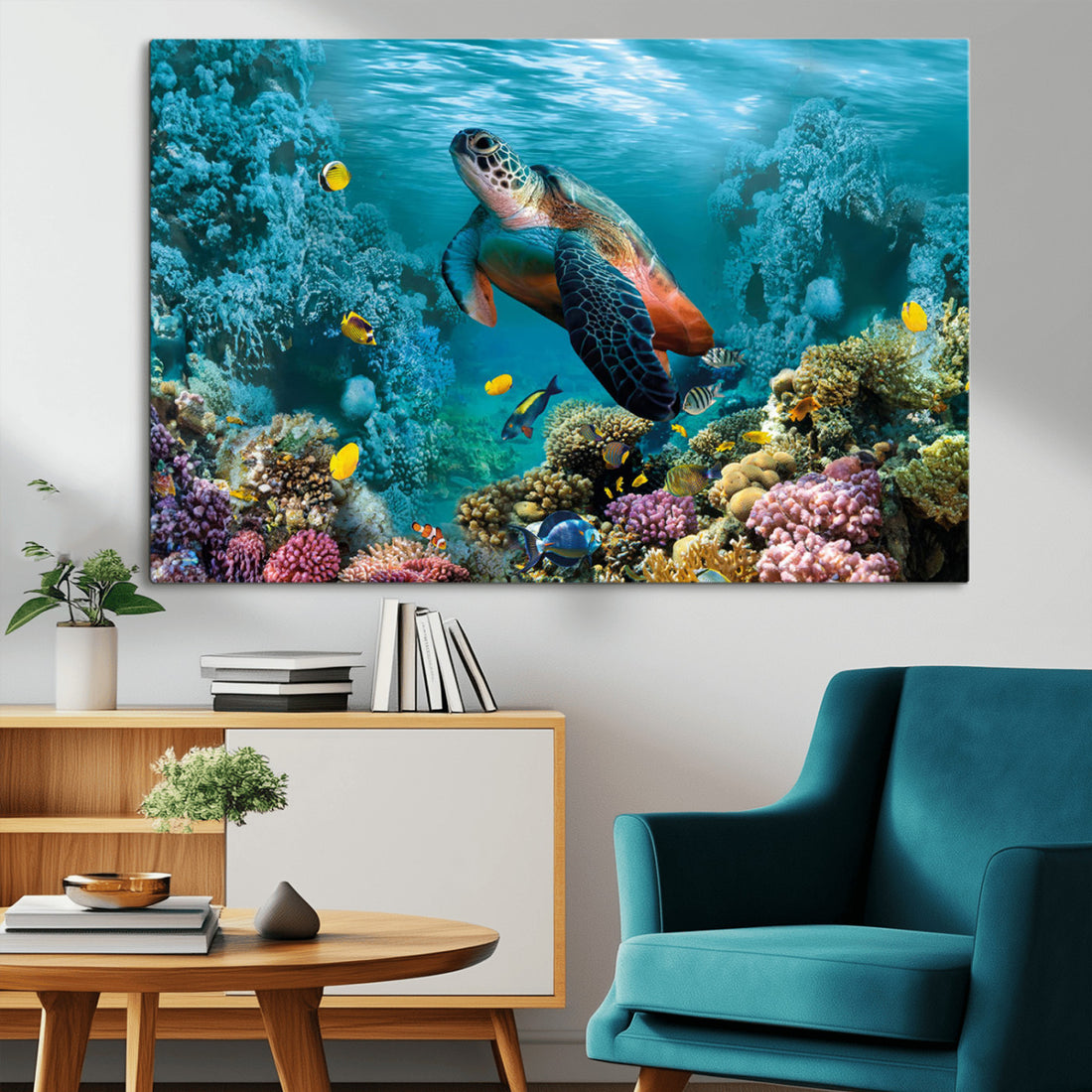 Sea Turtle and Coral Reef Triptych Wall Art, Vibrant Underwater Scene Canvas Set