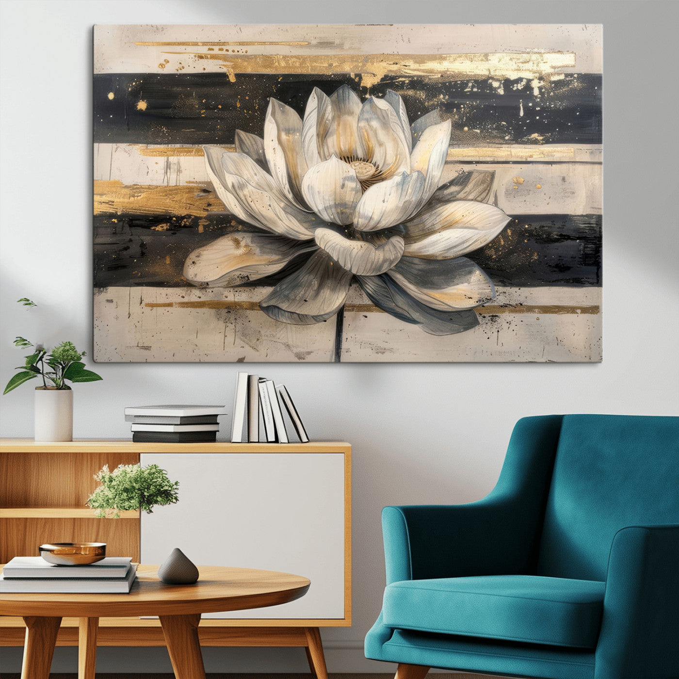 MGV-CV-36X24 - Lotus Flower Wall Art Canvas Print, Framed Abstract Lotus Art Picture Print, White Lotus Flower Perfect Abstract Floral Decor Artwork