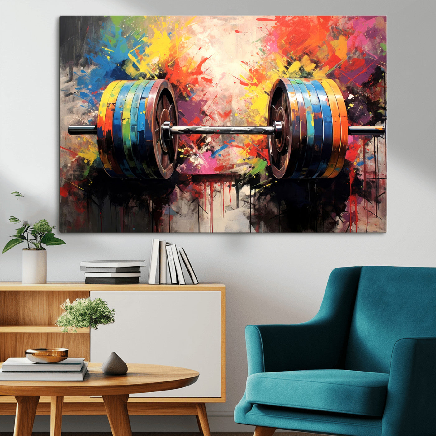 80436-MGV-CV-36X24-Weightlifting Barbell Art Triptych, Bold Abstract Fitness Wall Decor for Gym or Home, Giclee Canvas