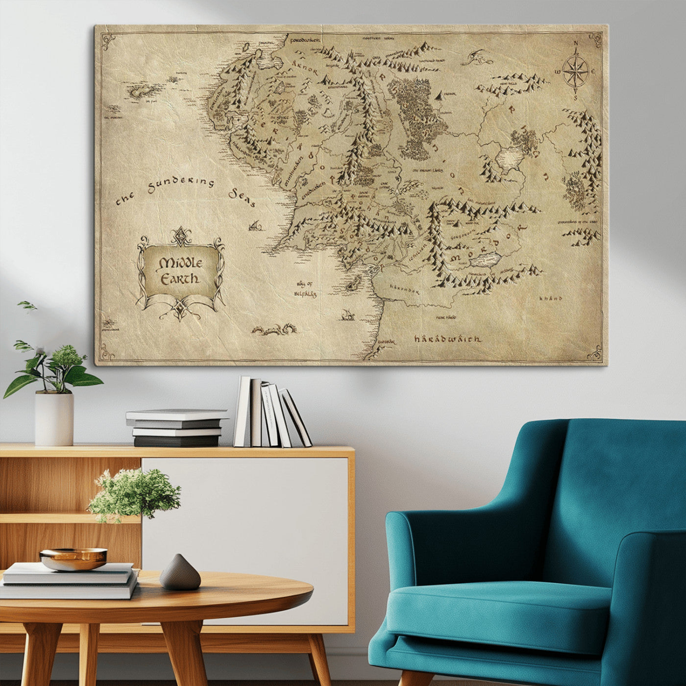 21784-MGV-CV-36X24-Vintage Middle Earth Map Wall Art Canvas – Lord of the Rings Inspired Framed Map Print, Classic Fantasy Decor for Home, Office
