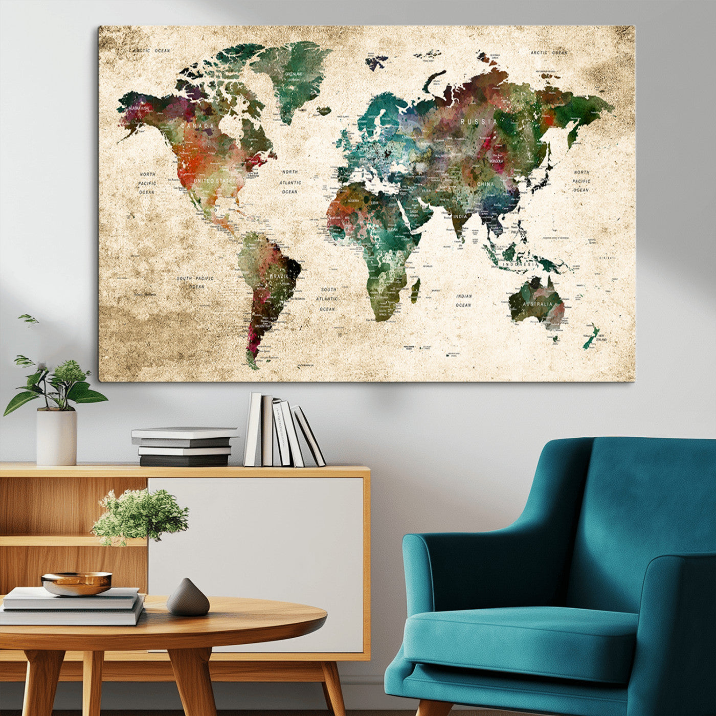 45128-MGV-CV-36X24-Push Pin World Map Canvas Print – Framed Travel Tracker Wall Art for Couples, Perfect Anniversary Gift and Home Decor