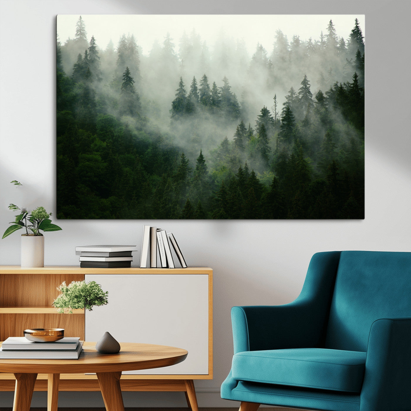 167720496-MGV-CV-36X24-Misty Forest Wall Art – Tranquil Green Woodland Canvas Print, Nature Landscape Decor for Living Room, Bedroom or Office