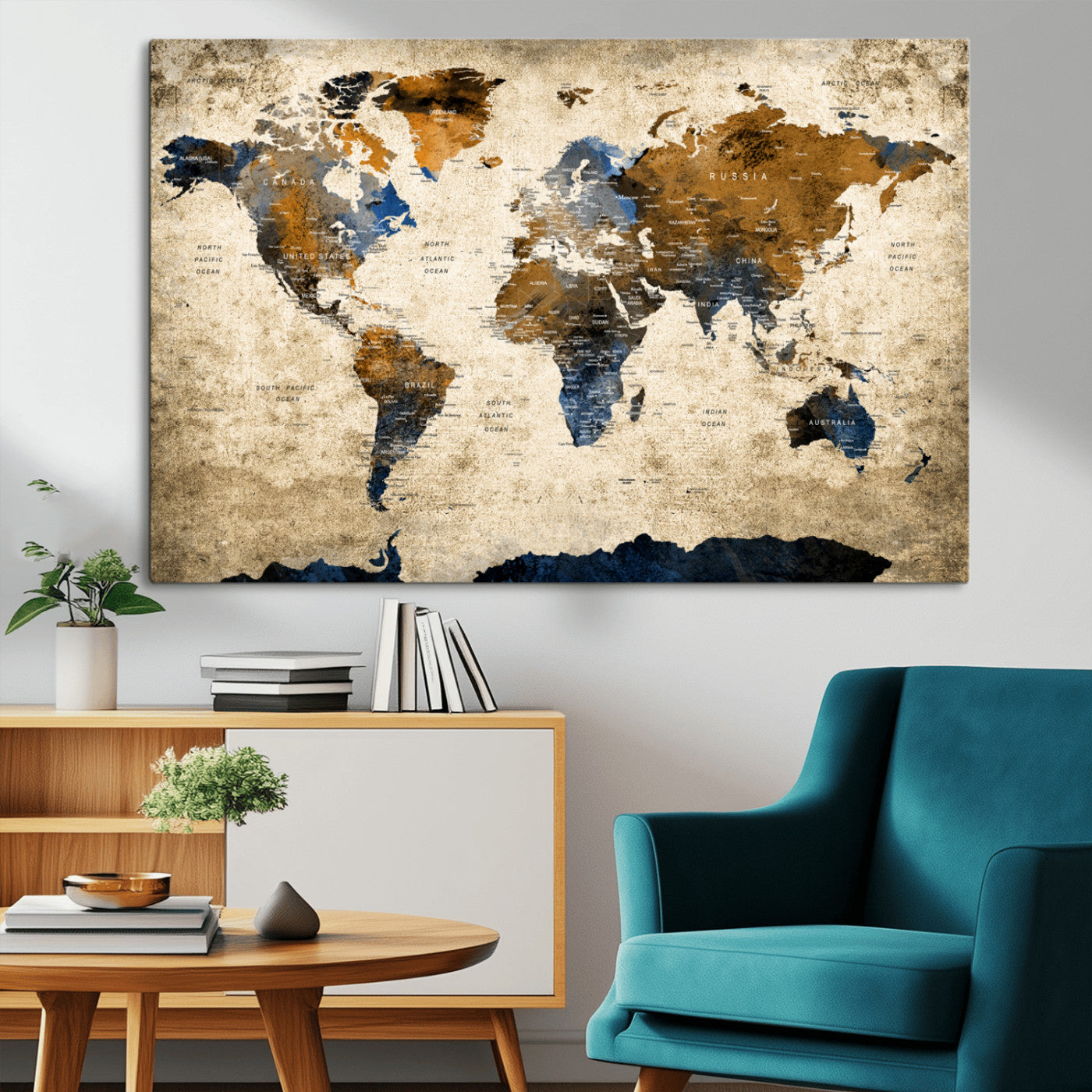 51140-MGV-CV-36X24-World Map Wall Art – Antique Style Blue and Brown Map Canvas Print, Classic Travel Wall Decor for Home Office or Study Room