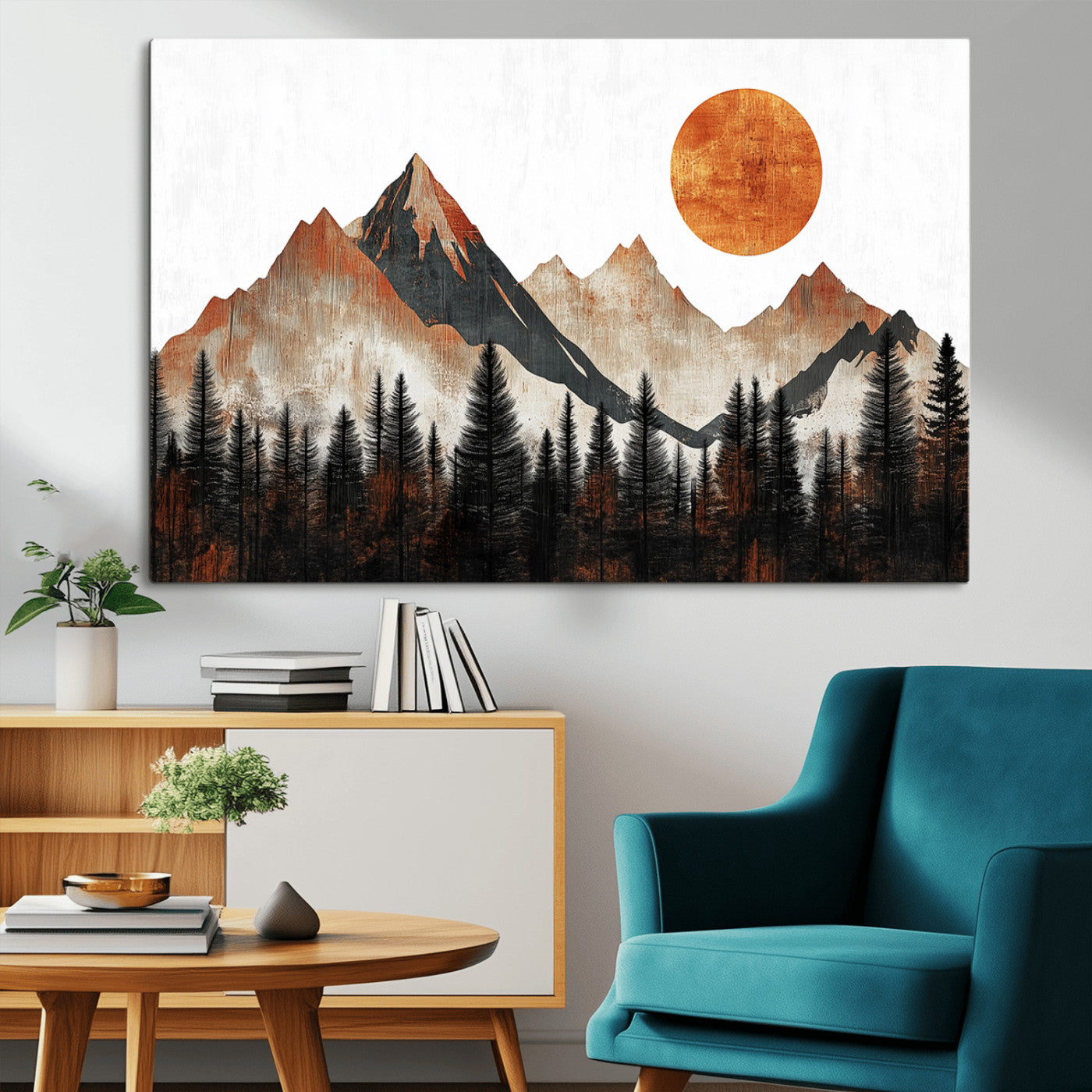 71366-MGV-CV-36X24-Modern Abstract Mountain Canvas Wall Art Print, Abstract Landscape Print, Rustic Sun and Mountains