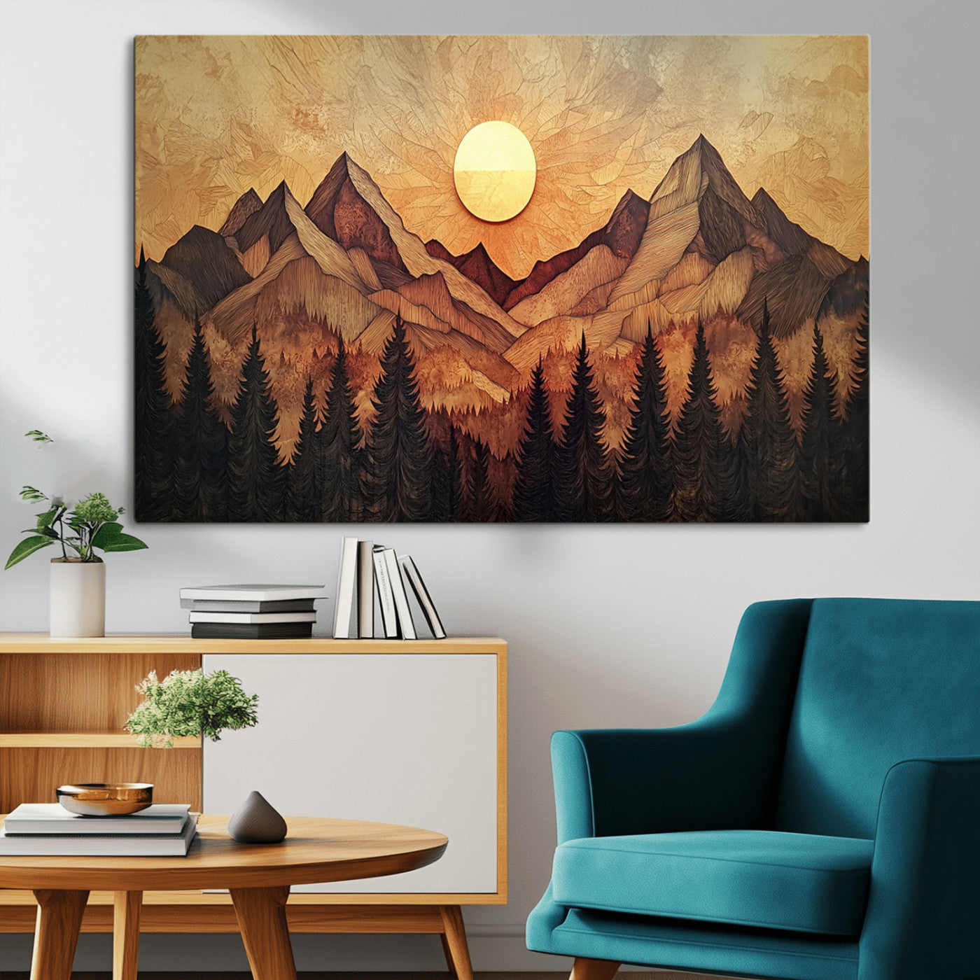 71340-MGV-CV-36X24-Wood Style Abstract Mountain Sunset Canvas Wall Art Print - Warm Earth Nature-Inspired Decor for