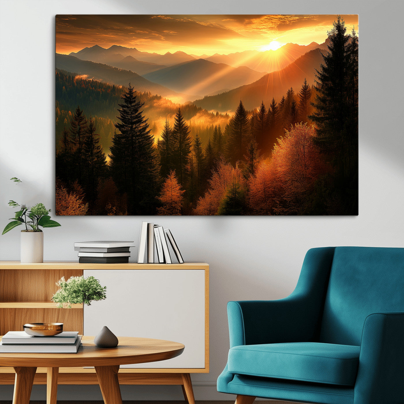 -Golden Sunset Over Mountain Forest Canvas Wall Art Print - Warm Nature Landscape Print