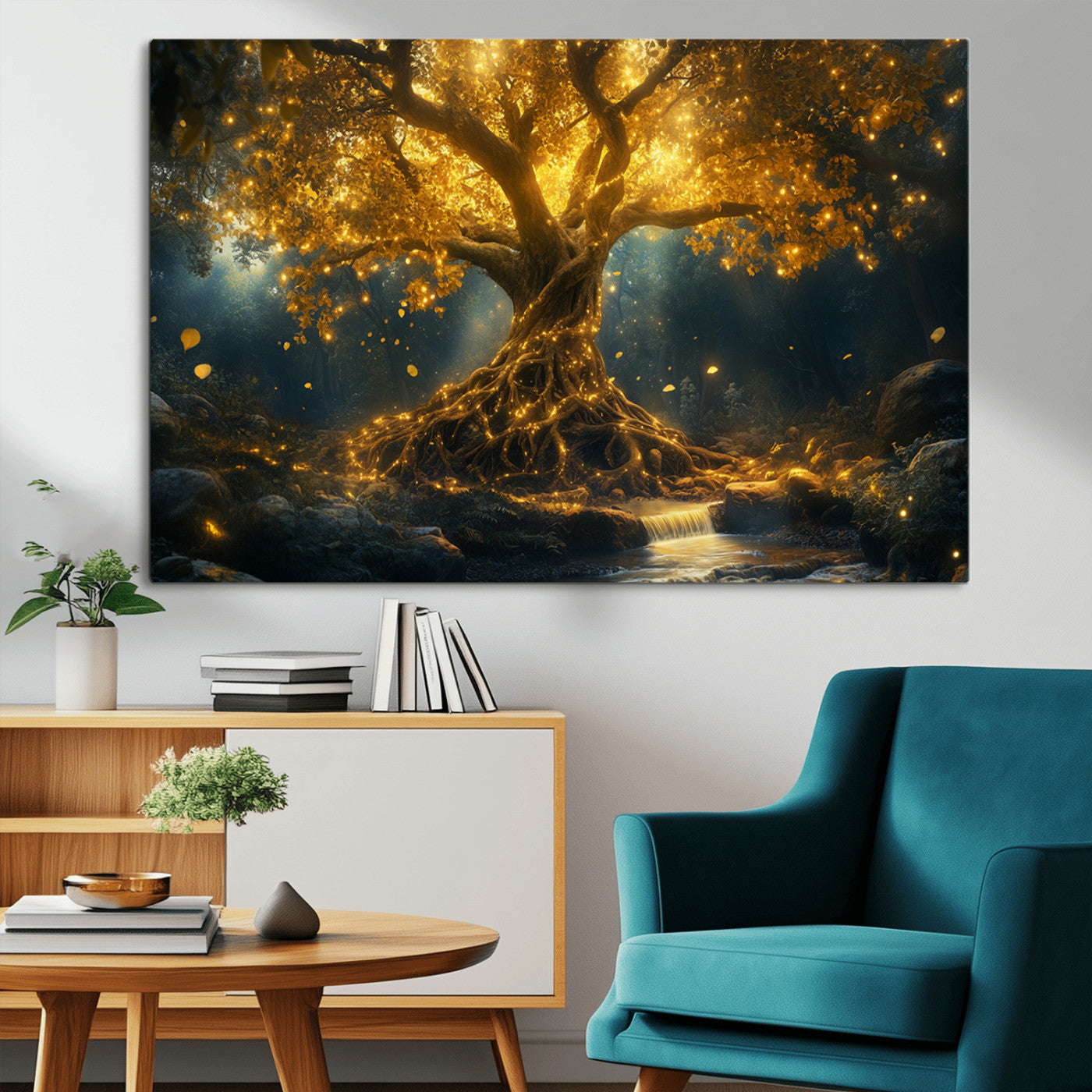 92739-MGV-CV-36X24-Golden Tree of Life Canvas Wall Art Print - Majestic Glowing Tree Wall Art Print