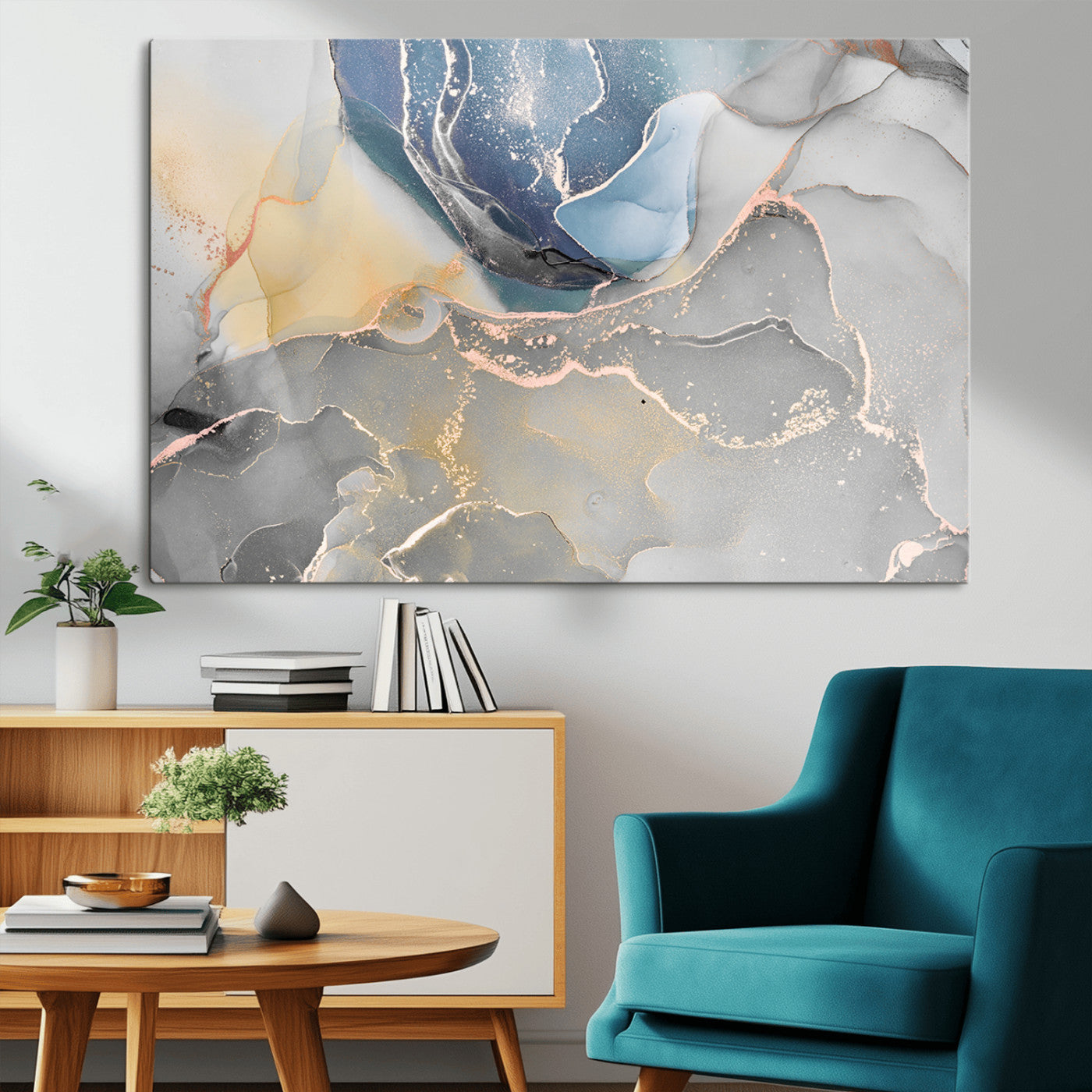 18176-MGV-CV-36X24-Large Abstract Blue and Gold Canvas Wall Art | Fluid Ink Artwork Print | Luxury Wall Decor for
