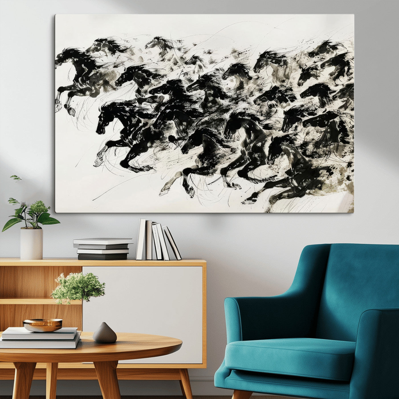 23069-MGV-CV-36X24-Abstract Horse Wall Art Canvas Print - Dynamic Black Ink Horse Print - Modern Equine Wall Decor for