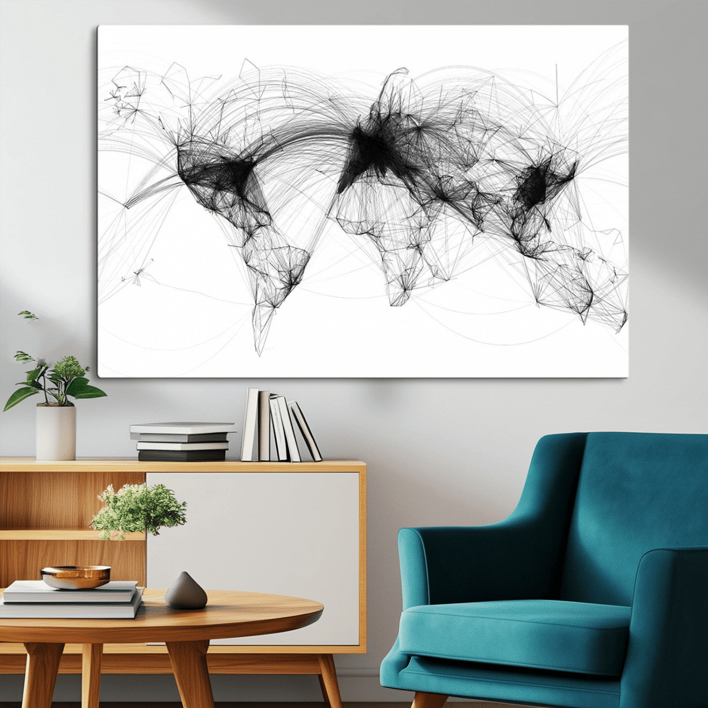 50136-MGV-CV-36X24-Abstract World Map Wall Art – Framed Geometric Line Canvas Artwork, Modern Global Design, Contemporary Decor for Home, Office