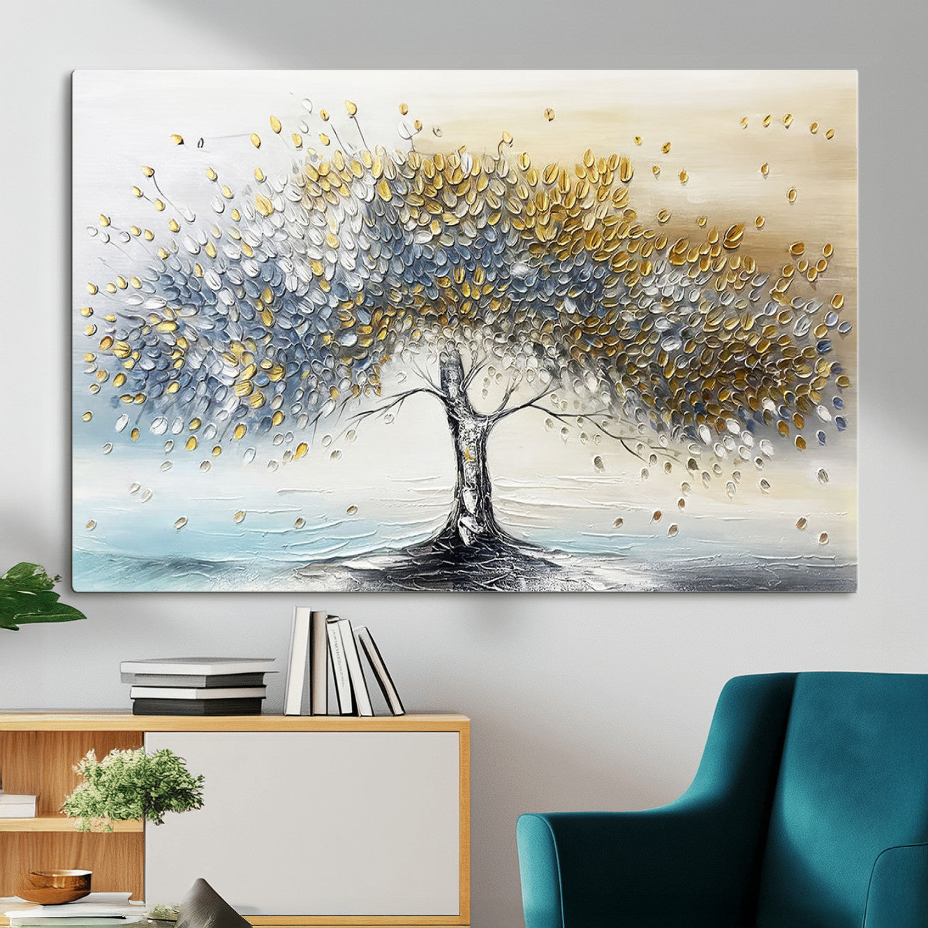 MGV-CV-36X24 - Golden & Silver Tree of Life Wall Art – Canvas Print with Whimsical Leaves Elegant Nature Design, Decorative Home, Office or Guest Room Decor