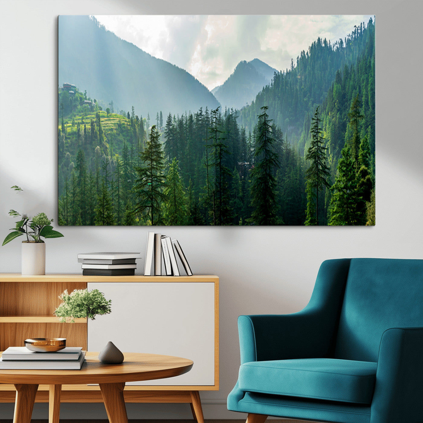 83417191-MGV-CV-36X24-Misty Forest Mountain Wall Art Canvas Print – Framed Serene Nature Scene with Tranquil Valley Artwork for Home, Office