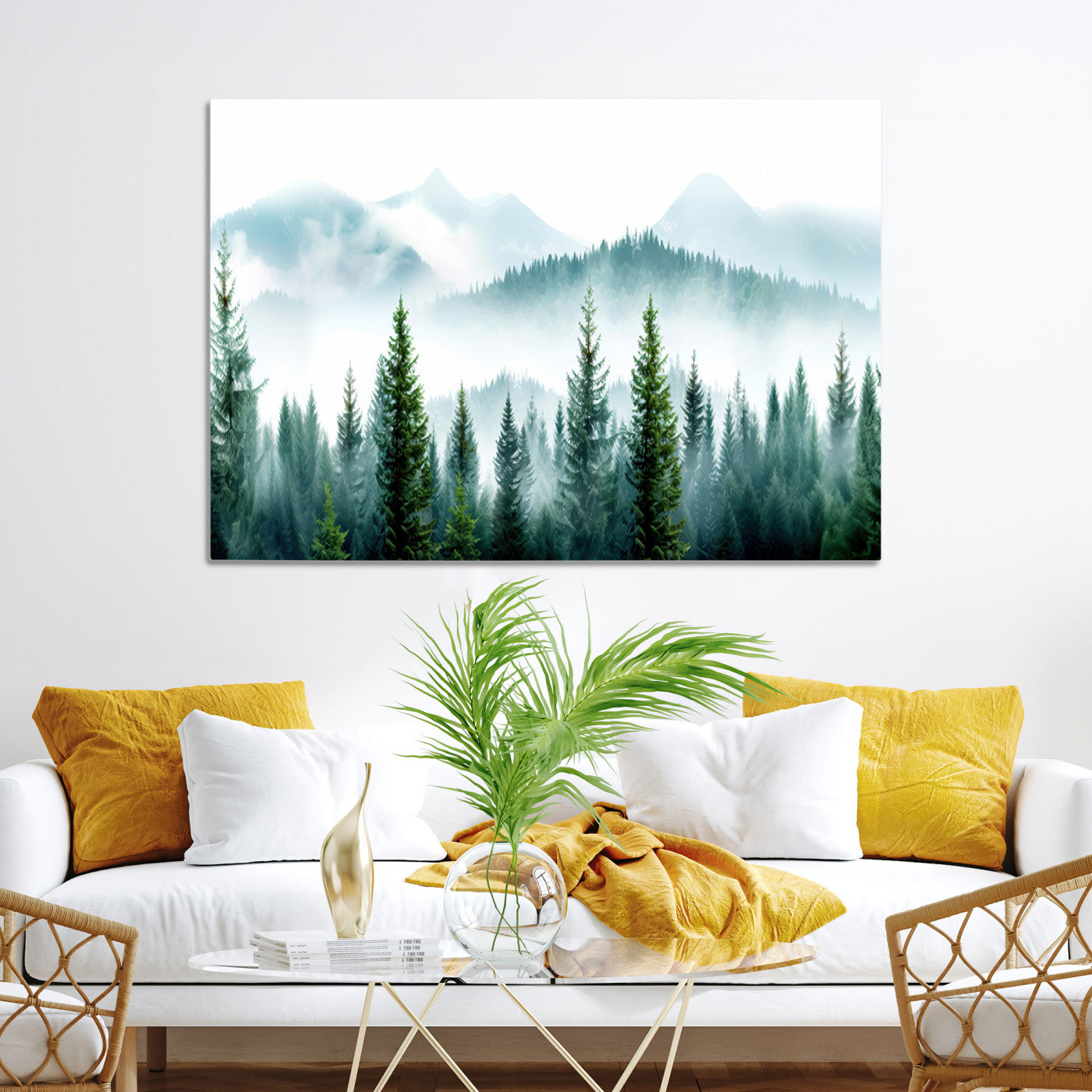 16716676-MGV-CV-36X24-Pine Forest Wall Art Canvas Print – Misty Mountains Foggy Trees Serene Woodland Nature Artwork for Home Office