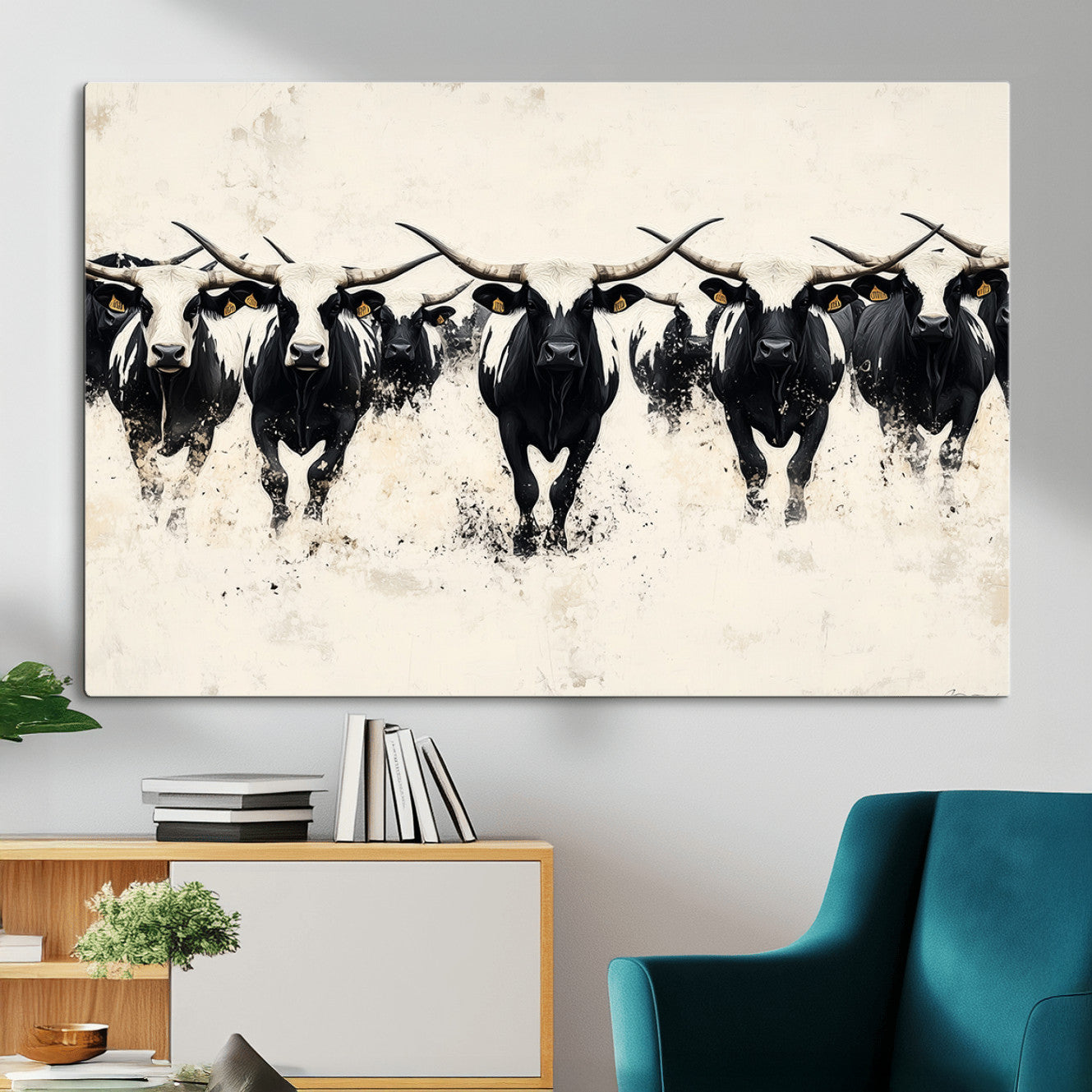 MGV-CV-36X24 - Longhorn Cattle Wall Art – Canvas Print of Herd in Motion, Symmetry and Ink Splatter, Minimalist Western Ranch, Bold Rustic Farm Decor
