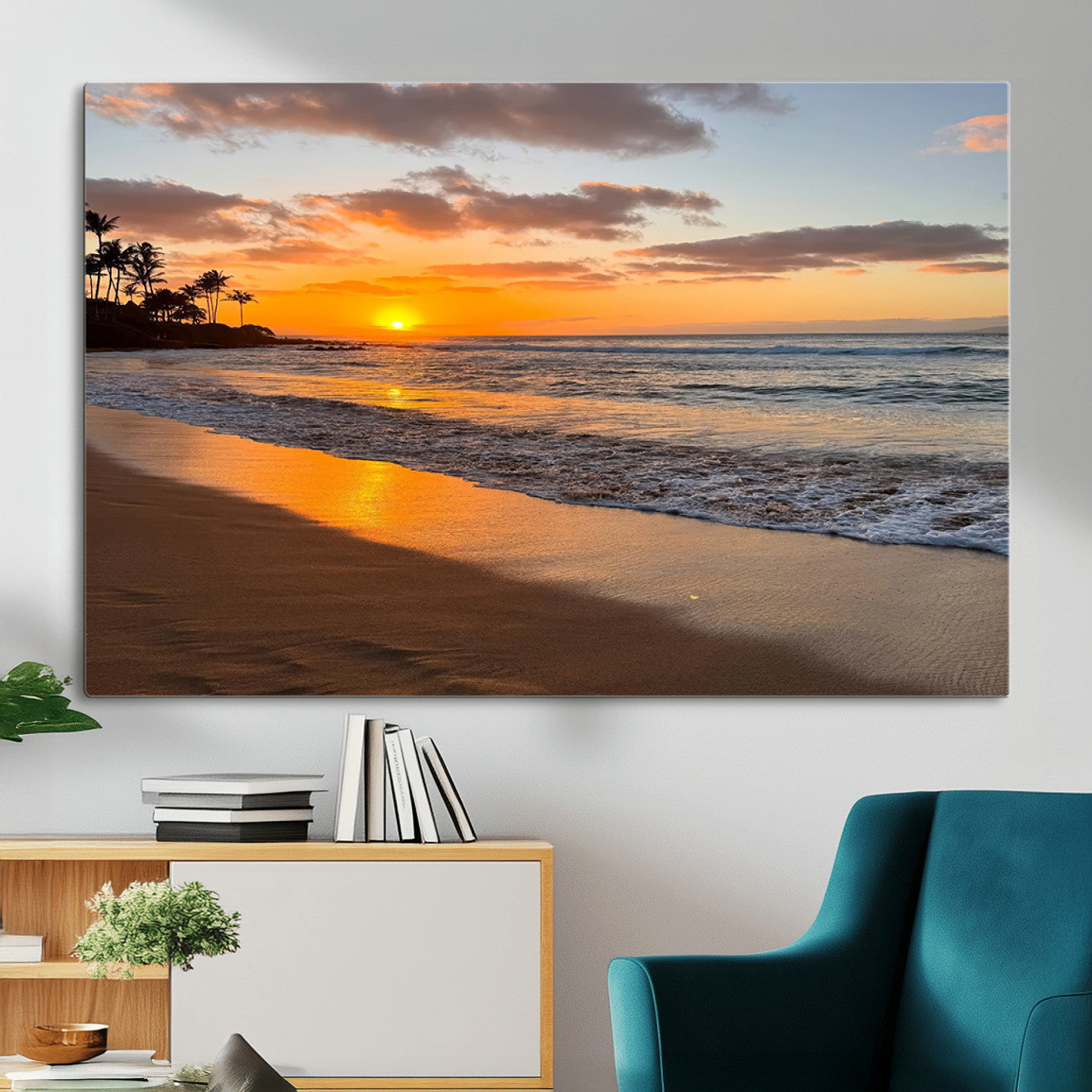 MGV-CV-36X24 - Sunset Glow Wall Art – Canvas Print of Ocean Breeze, Golden Sand, Tropical Palm Silhouettes, Tranquil Waves, Beach Nature Decor for Home