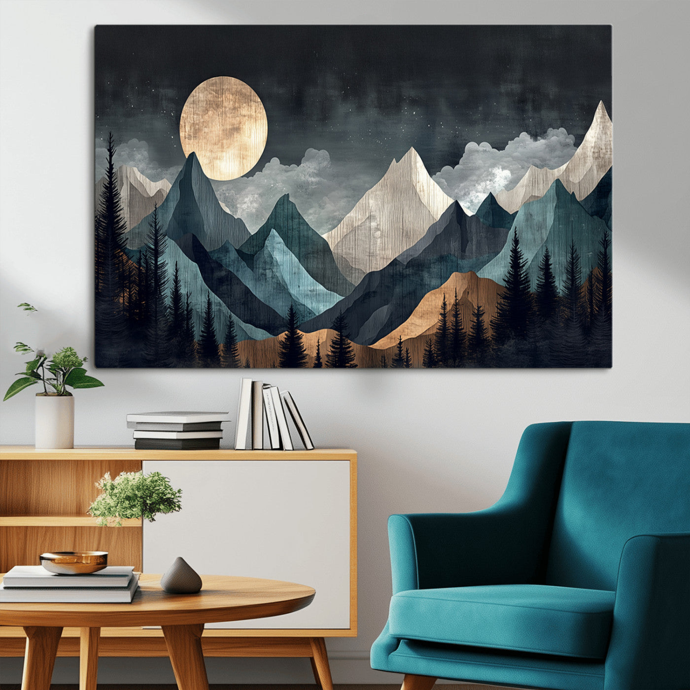 11060882-MGV-CV-36X24-Moonlit Mountain Wall Art Canvas Print – Silhouetted Pines Layered Peaks Tranquil Sky Mist Silver Light Nature Artwork for Home