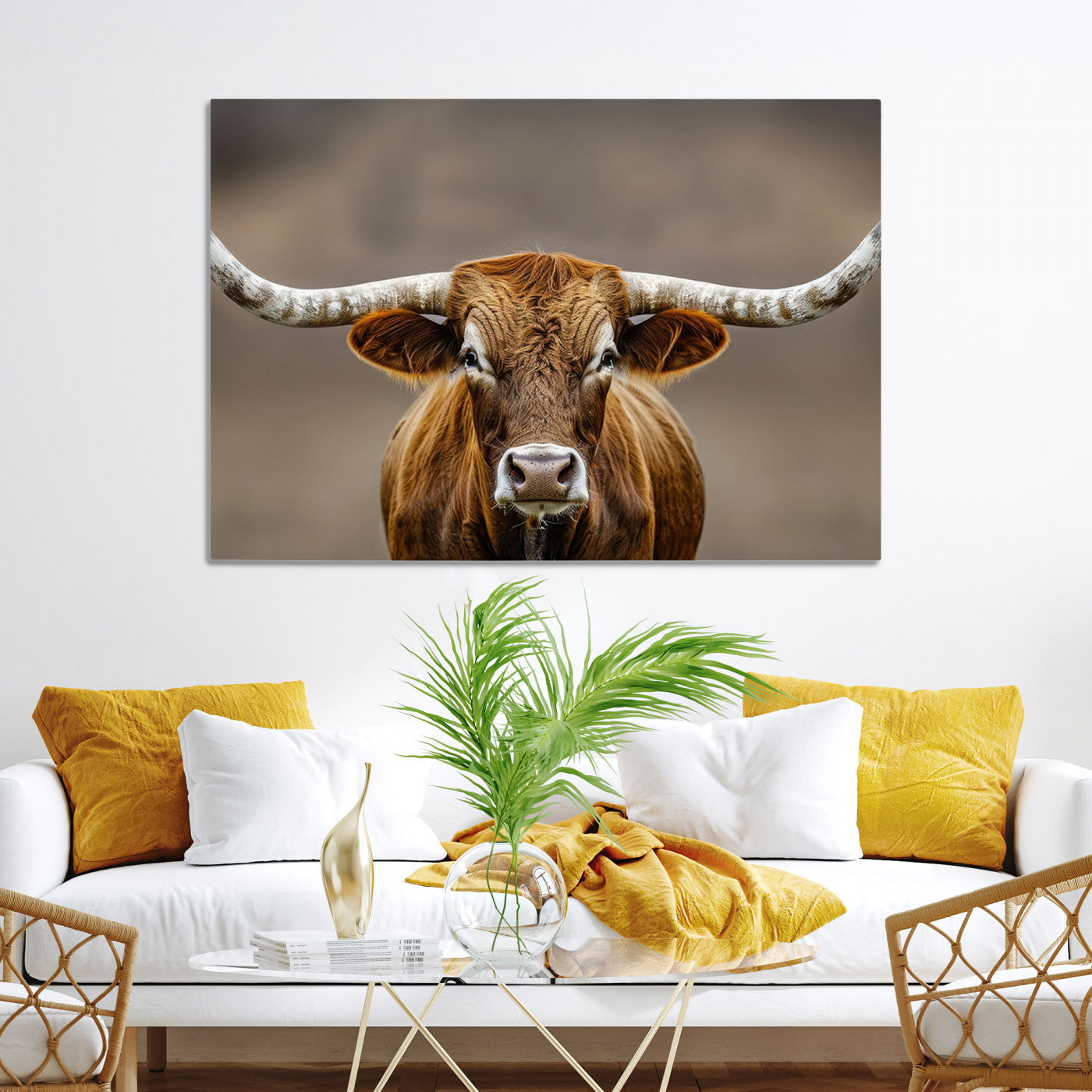 -Texas Longhorn Wall Art Canvas Print, Framed Brown Bull Art Picture Print, Lone Cattle Perfect