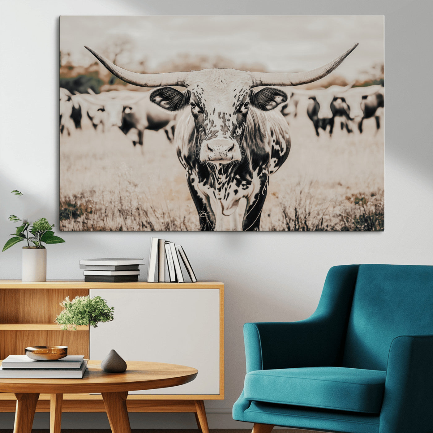 -Texas Longhorn Wall Art Canvas Print, Framed Speckled Cow Art Picture Print, Horned Cattle Perfect Rustic Western Decor Artwork