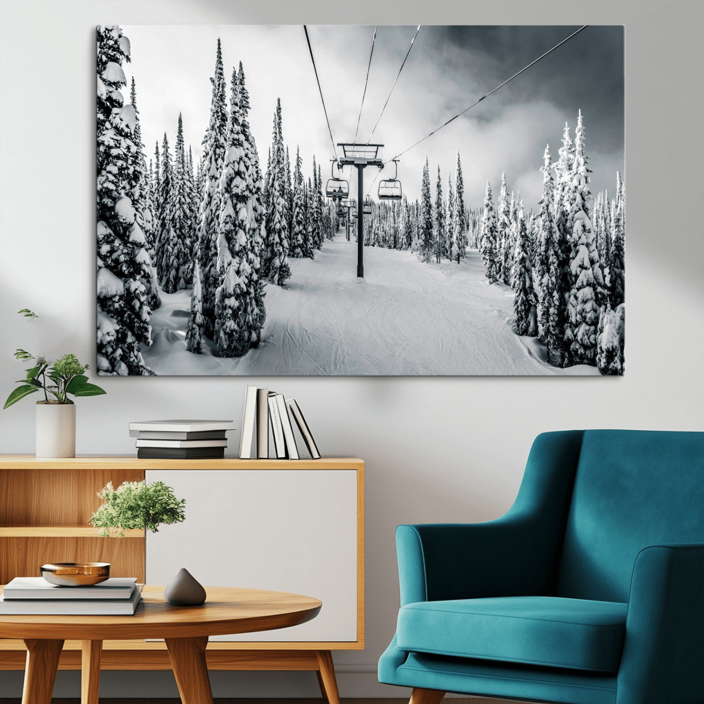 31156828-MGV-CV-36X24-Snowy Pines Wall Art Canvas Print – Framed Ski Lift Winter Forest Snowy Landscape Moody Lodge Artwork for Home, Office