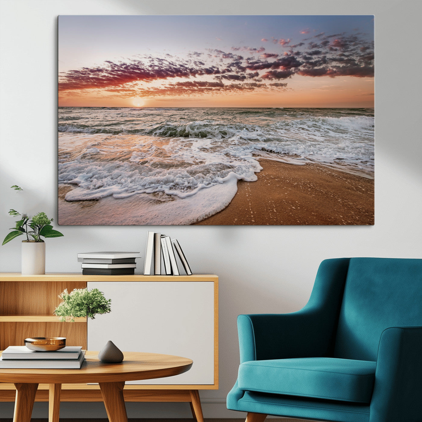 39846389-MGV-CV-36X24-Ocean Sunset Wall Art Canvas Print – Framed Sandy Shore Gentle Waves Coastal Landscape Minimalist Artwork for Home, Office